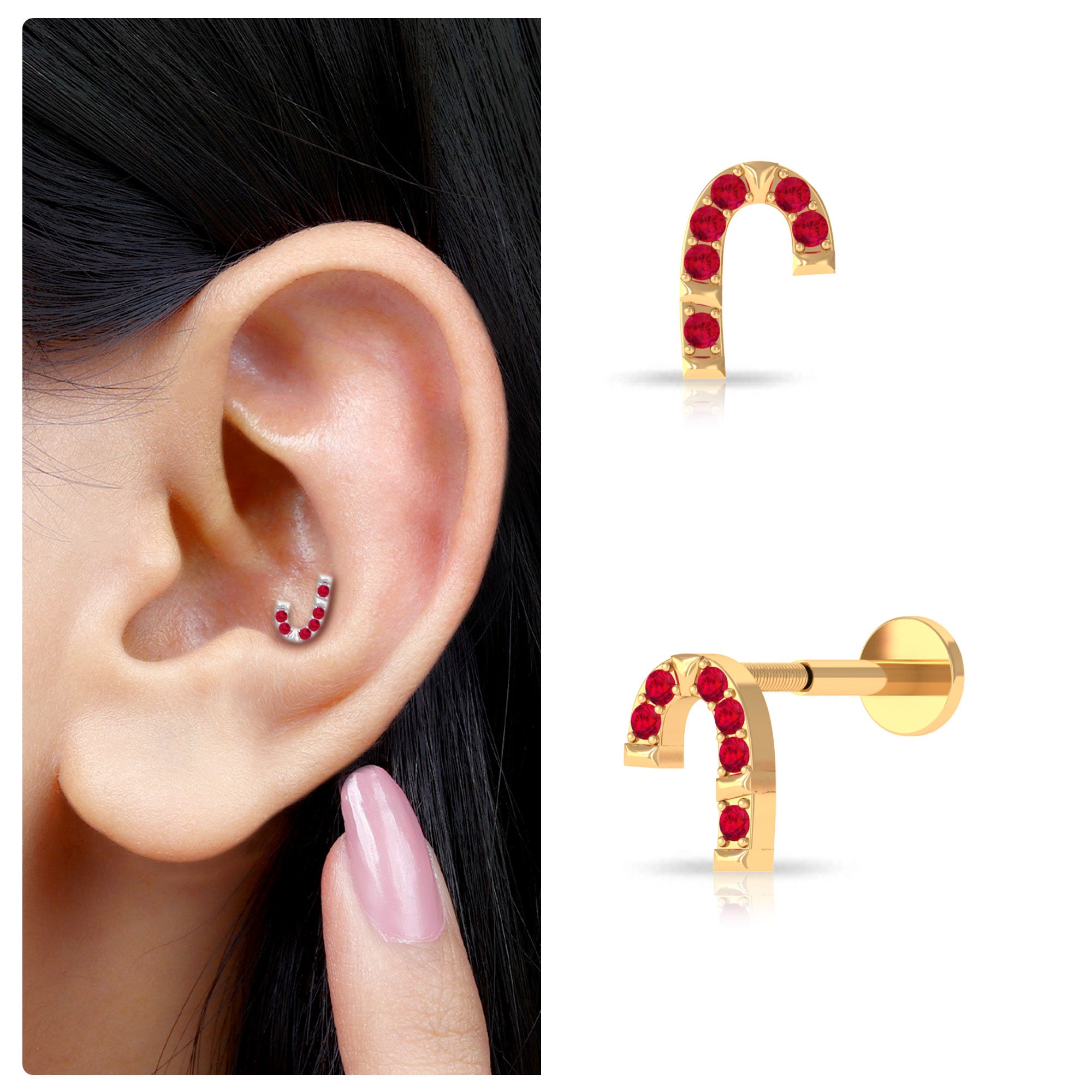 Cute Ruby Xmas Candy Cane Helix Earring Ruby - ( AAA ) - Quality - Rosec Jewels