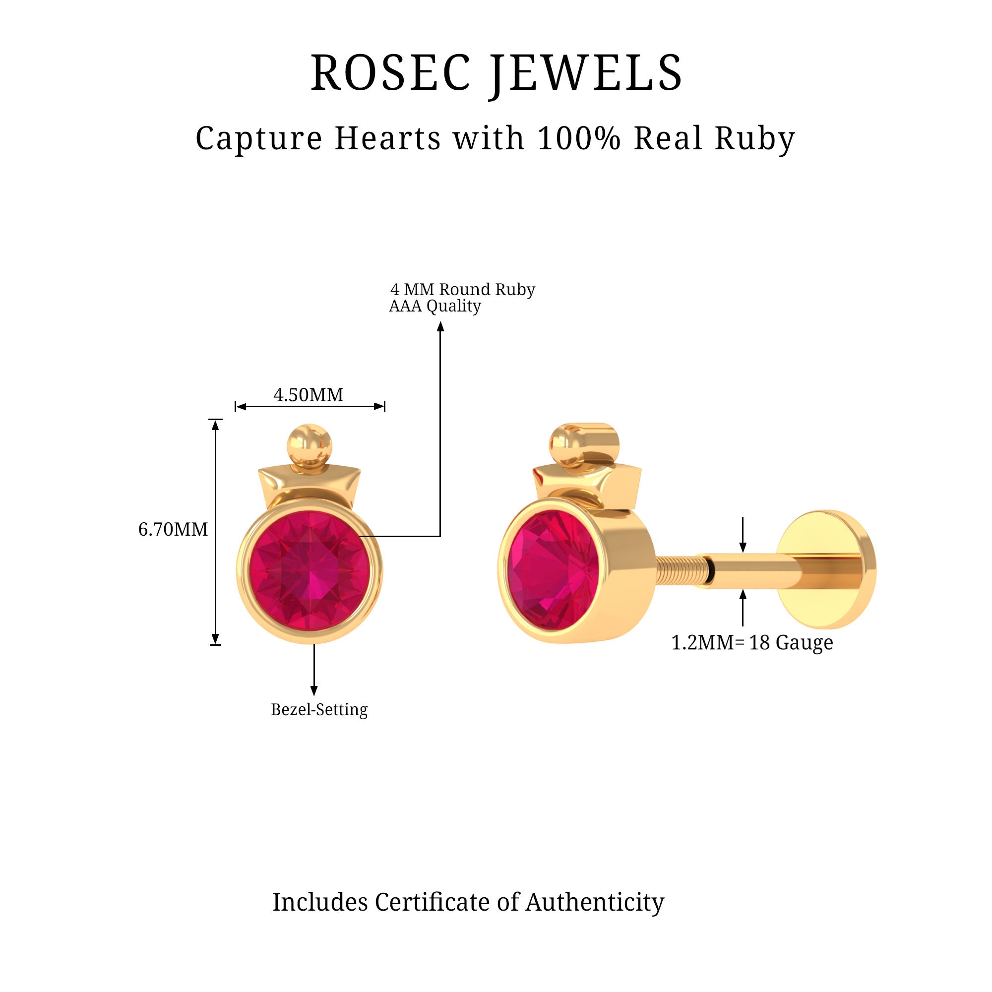 Rosec Jewels-Simple Bezel Set Red Ruby Solitaire Tragus Earring