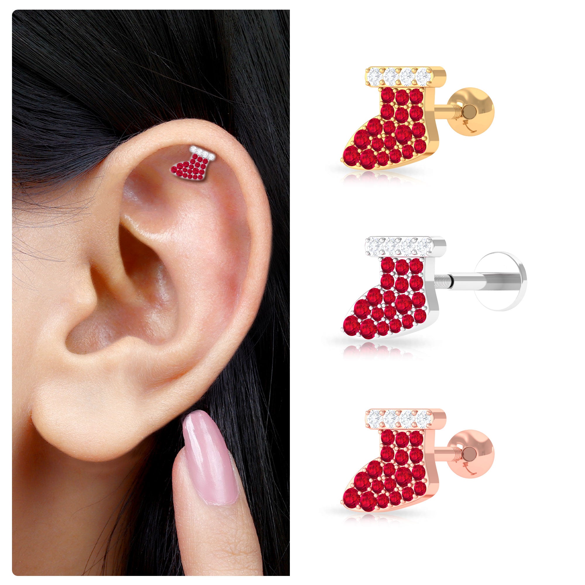 Rosec Jewels-Created Ruby Christmas Stocking Earring with Moissanite