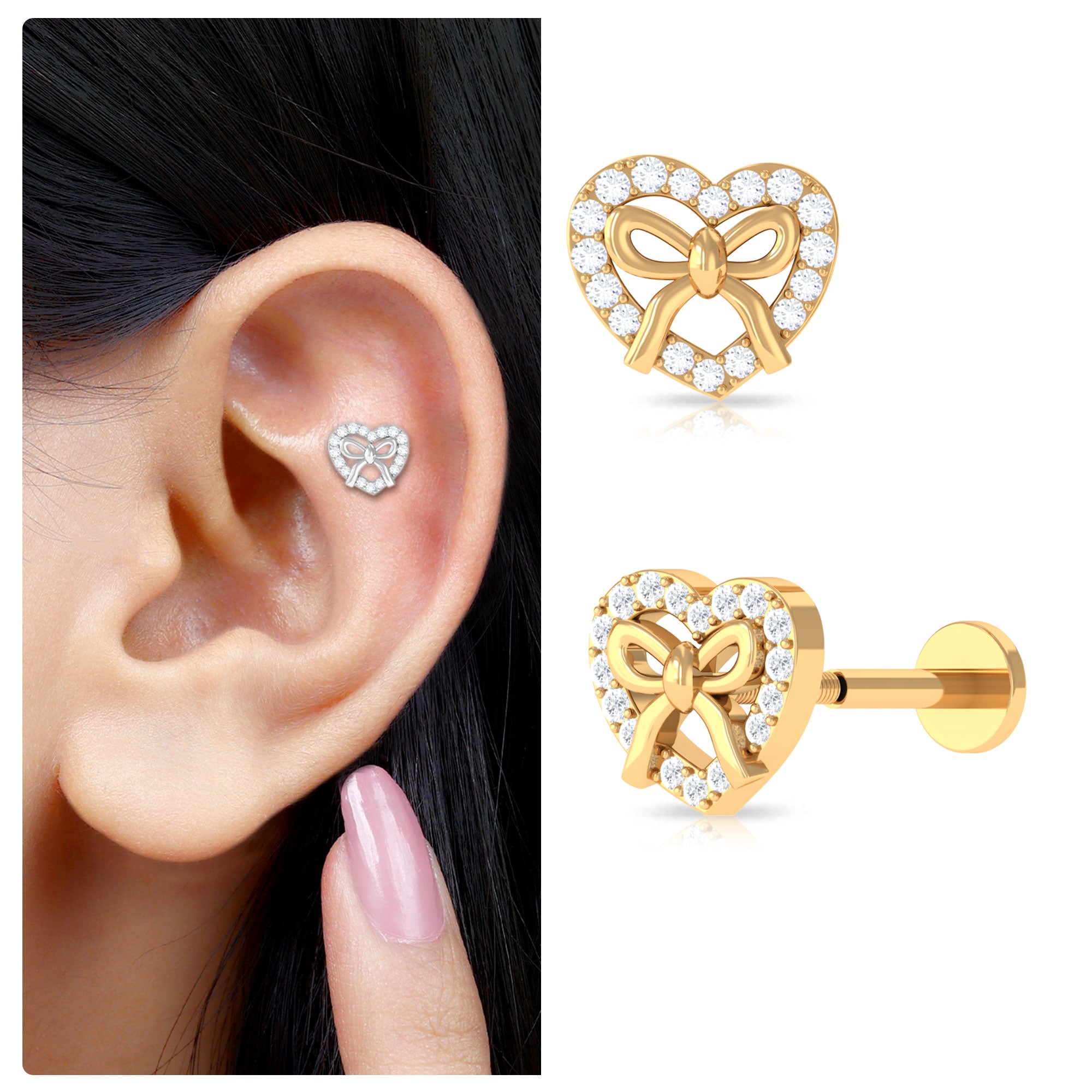 Rosec Jewels-Round Moissanite Cute Bow Heart Earring for Cartilage Piercing