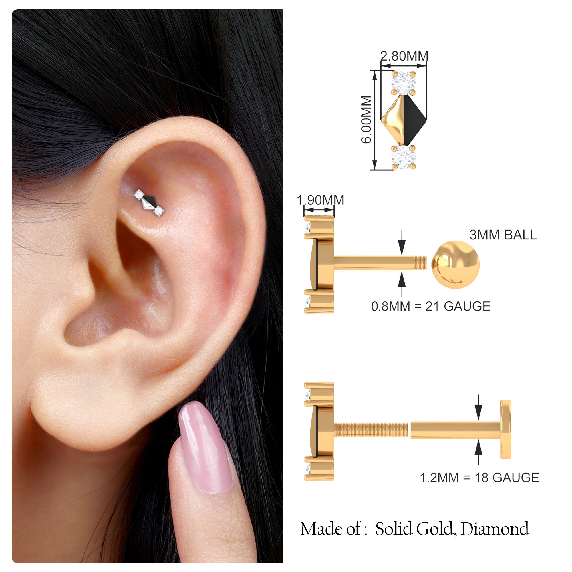 Rosec Jewels-Real Diamond Quirky Tragus Earring with Black Enamel