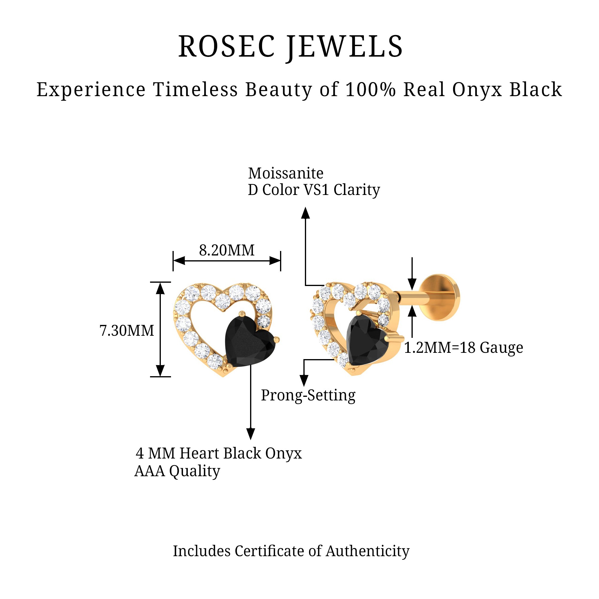 Rosec Jewels-Heart Shape Black Onyx and Moissanite Cartilage Earring