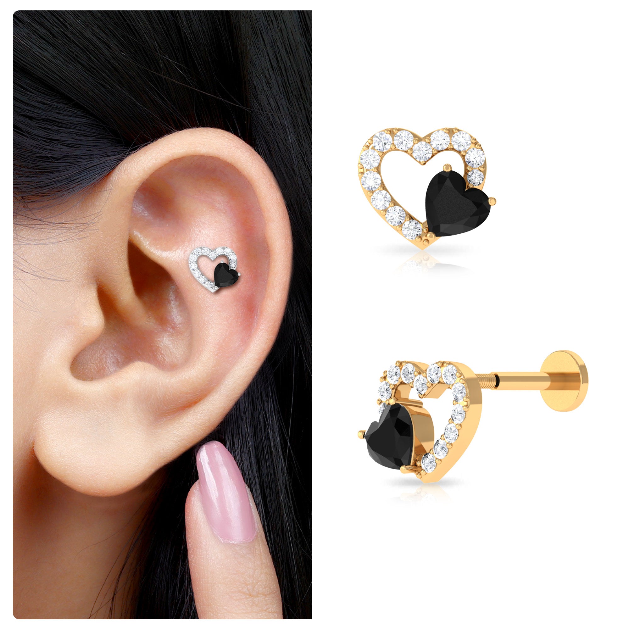 Rosec Jewels-Heart Shape Black Onyx and Moissanite Cartilage Earring