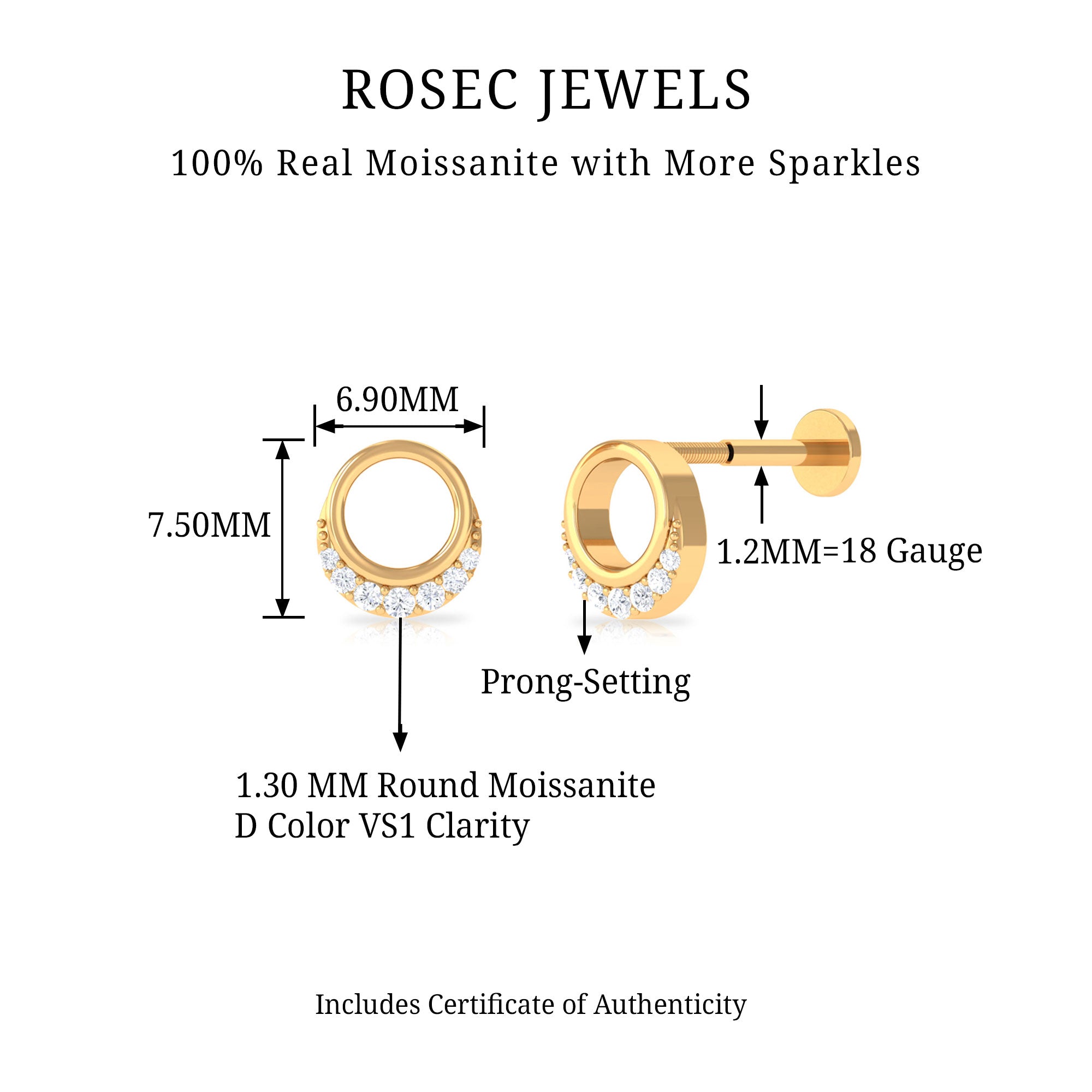 Rosec Jewels-Moissanite Open Circle Minimal Earring for Cartilage Piercing