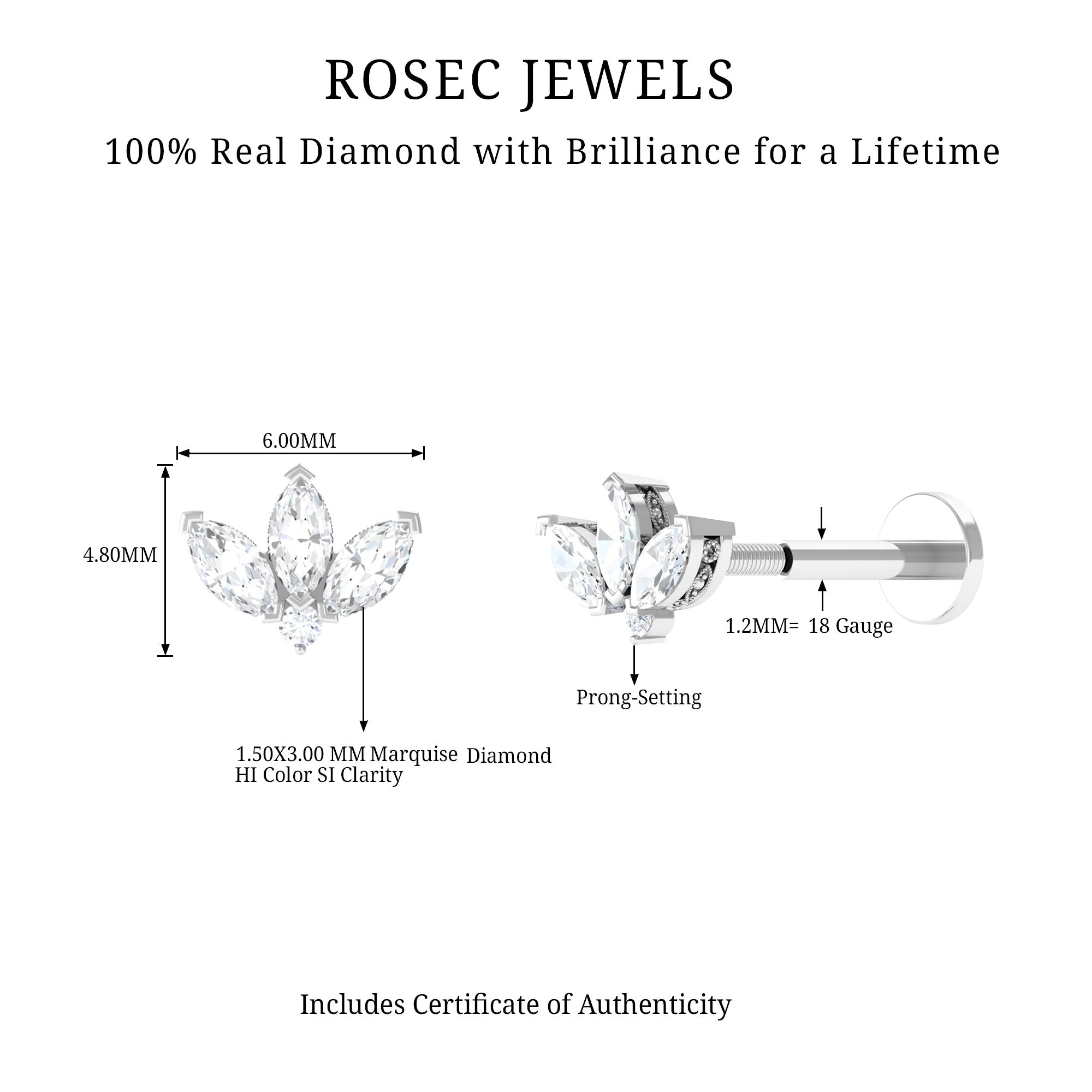 Rosec Jewels-Marquise Diamond Lotus Earring for Cartilage Piercing