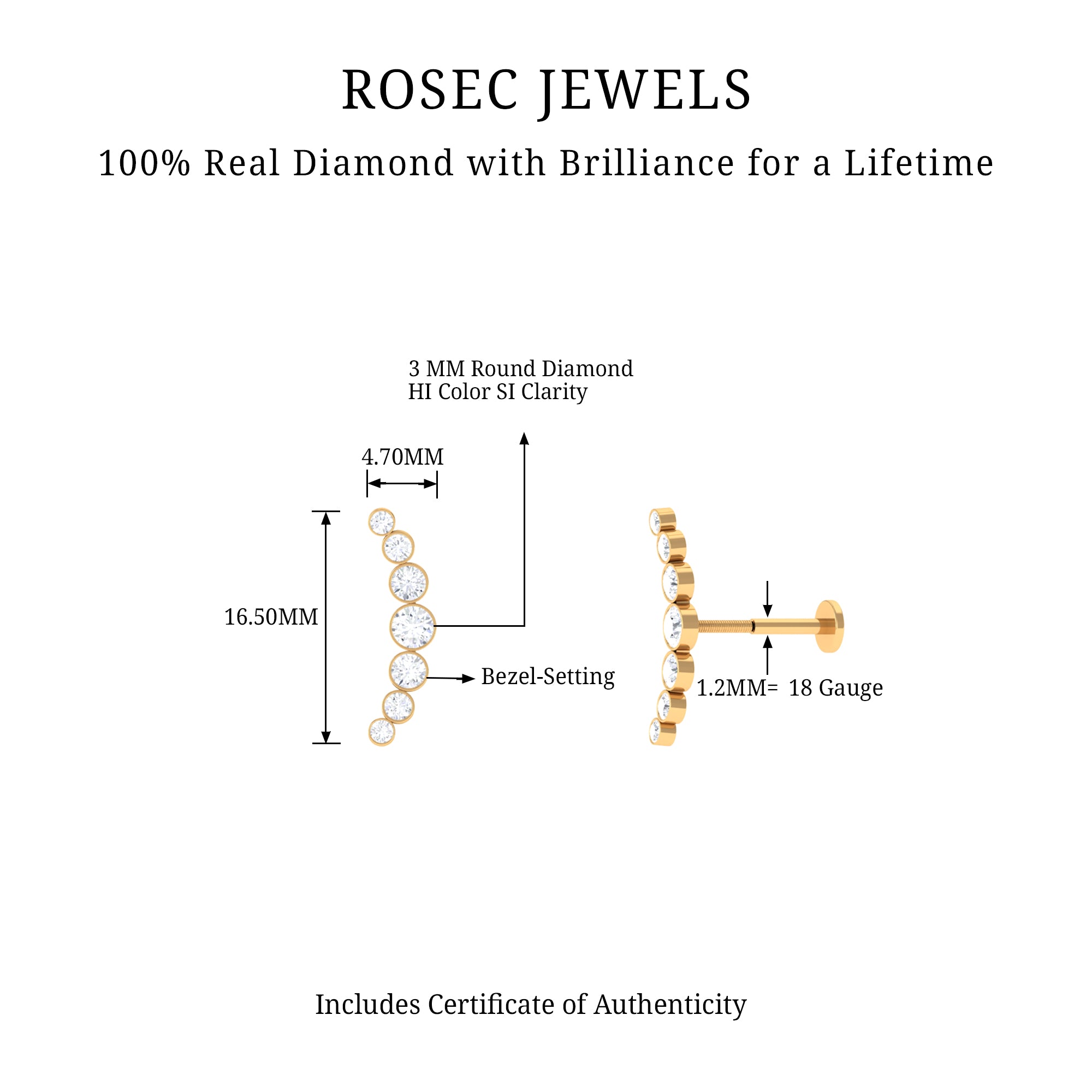 Rosec Jewels-Graduated Diamond Crawler Helix Earring in Bezel Set