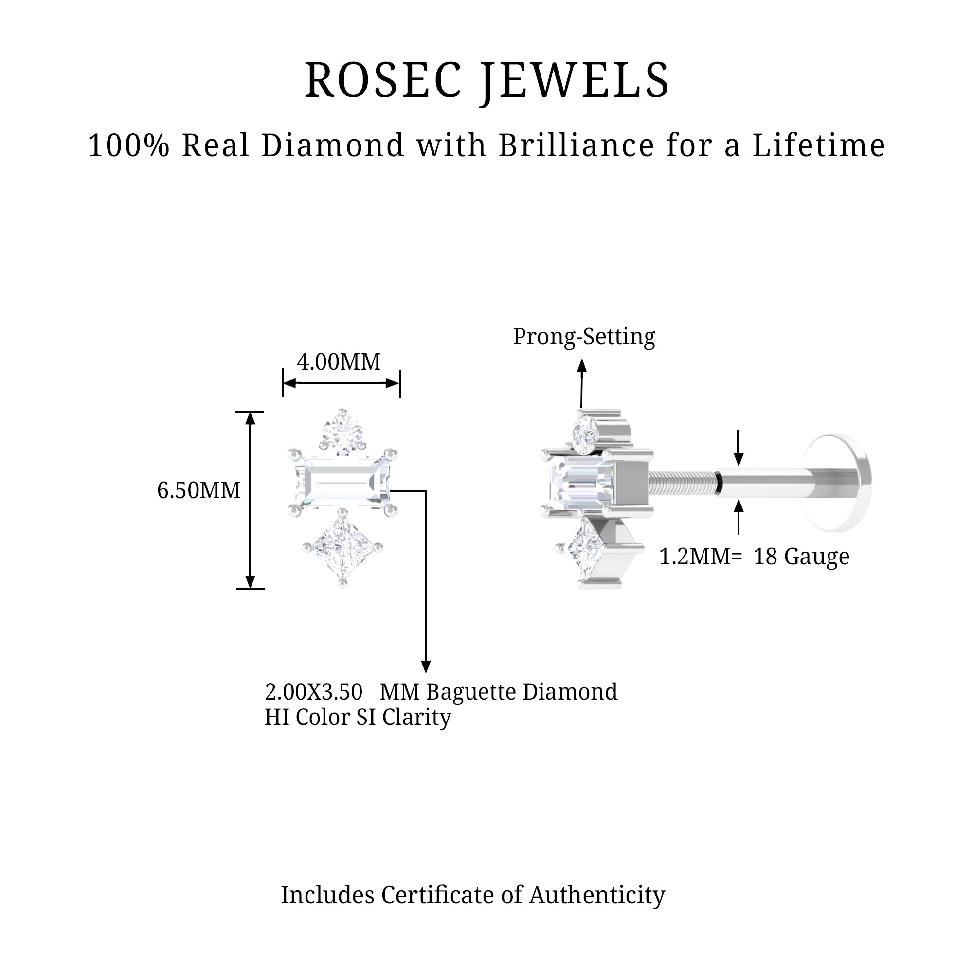 Rosec Jewels-Genuine Diamond Three Stone Earring for Tragus Piercing