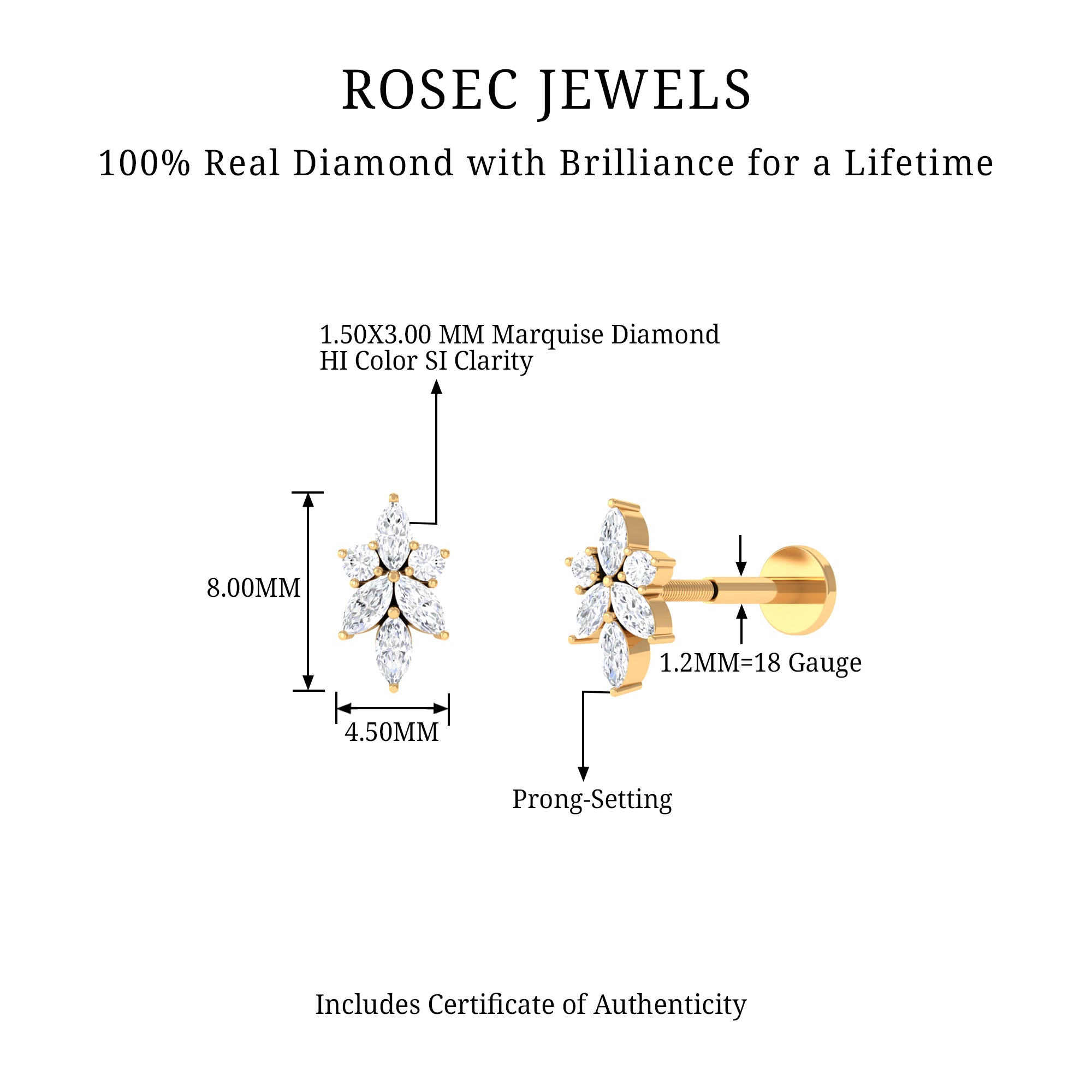 Rosec Jewels-Marquise Diamond Cluster Flower Earring with Flat Back