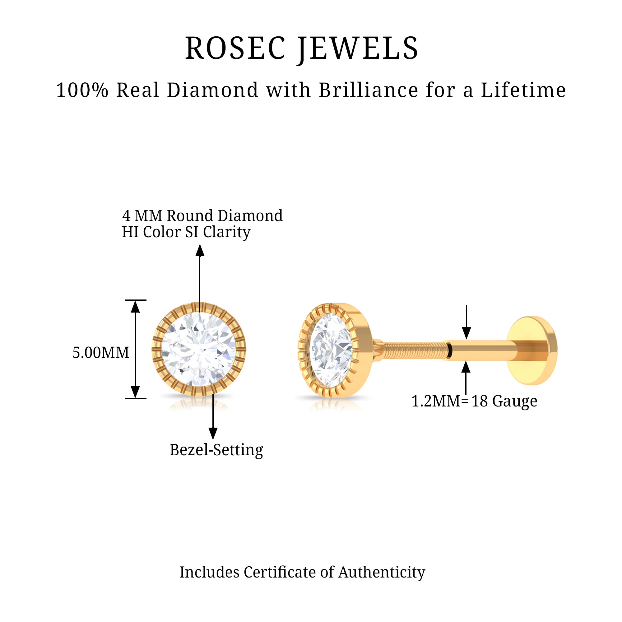 Rosec Jewels-Bezel Set Diamond Solitaire Stud Earring for Helix Piercing