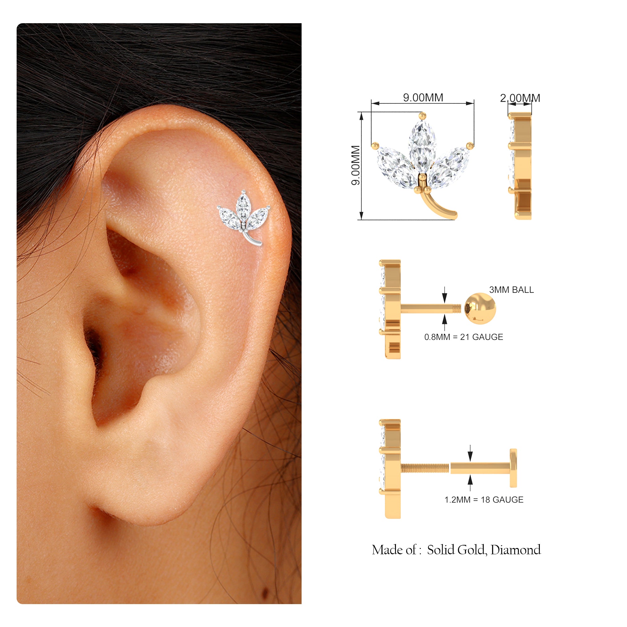 Rosec Jewels-Marquise Moissanite Leaf Cartilage Earring