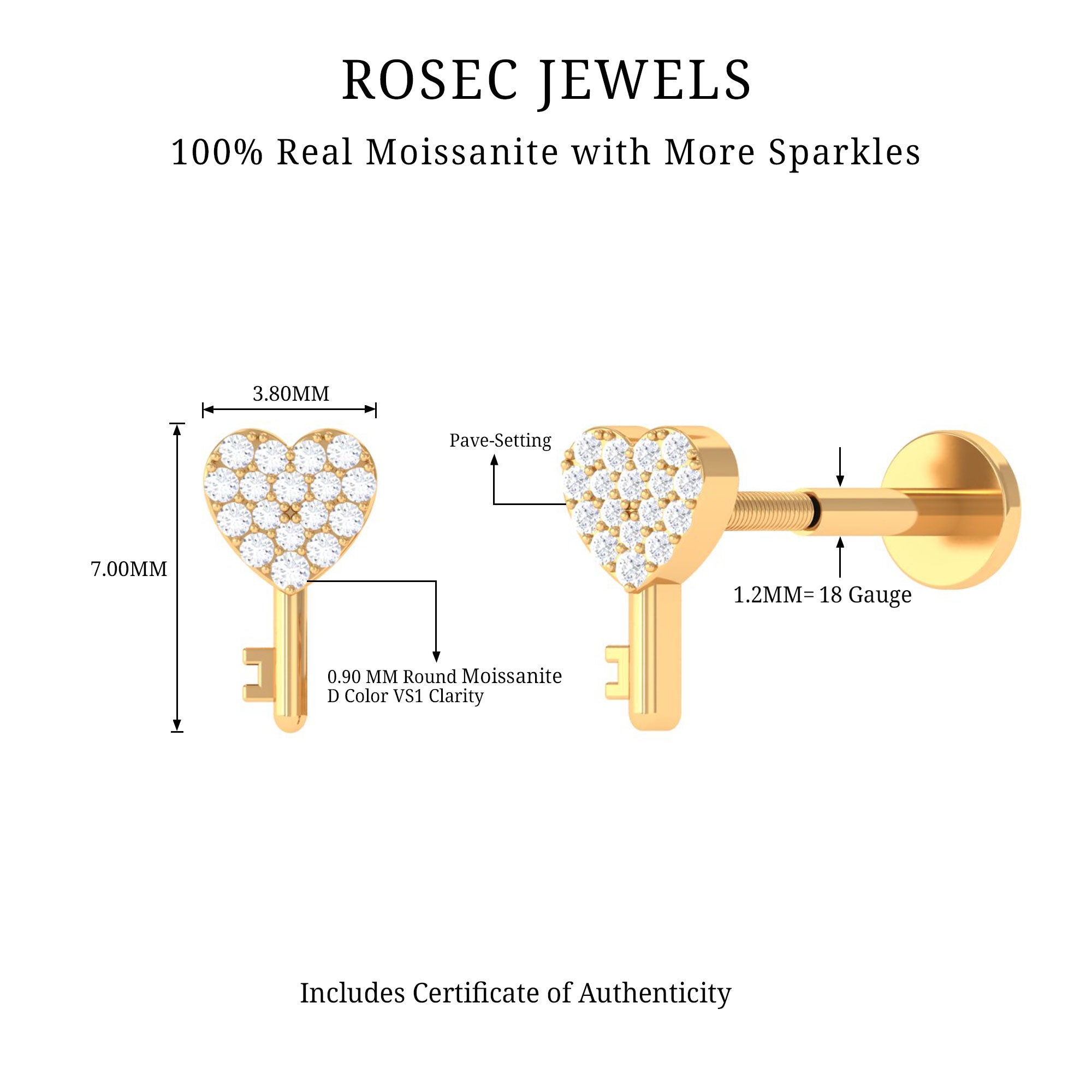 Rosec Jewels-Moissanite Heart and Key Earring for Tragus Piercing