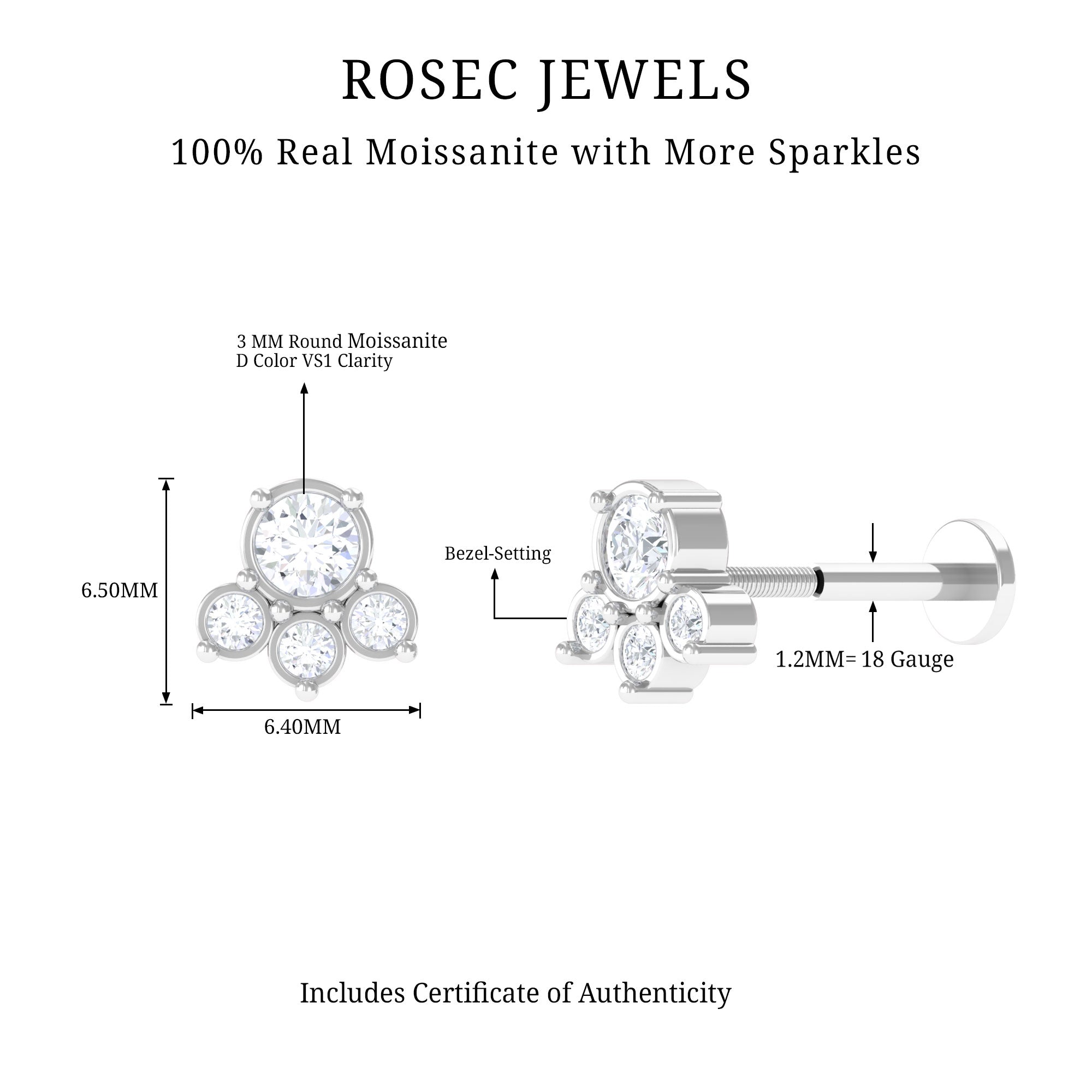 Rosec Jewels-Round Moissanite Cluster Helix Earring in Bezel Setting