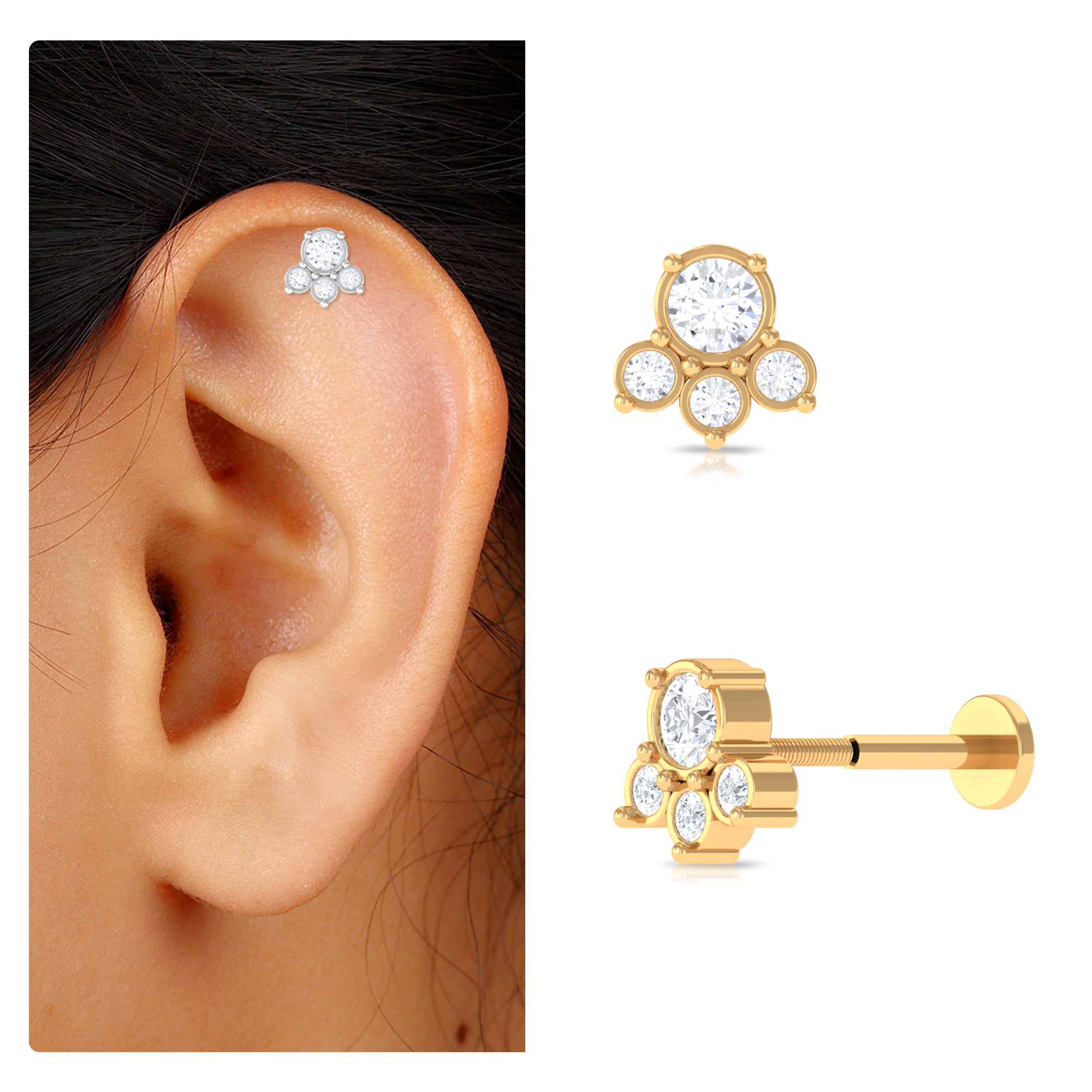 Rosec Jewels-Round Moissanite Cluster Helix Earring in Bezel Setting