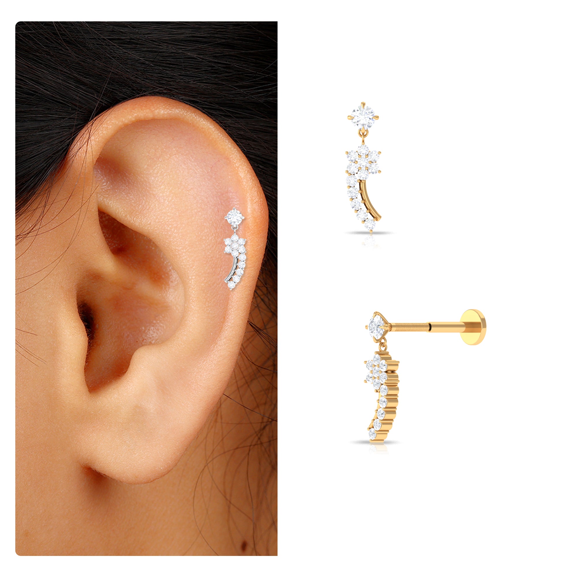 Elegant Moissanite Flower Dangly Helix Earring Moissanite - ( D-VS1 ) - Color and Clarity - Rosec Jewels
