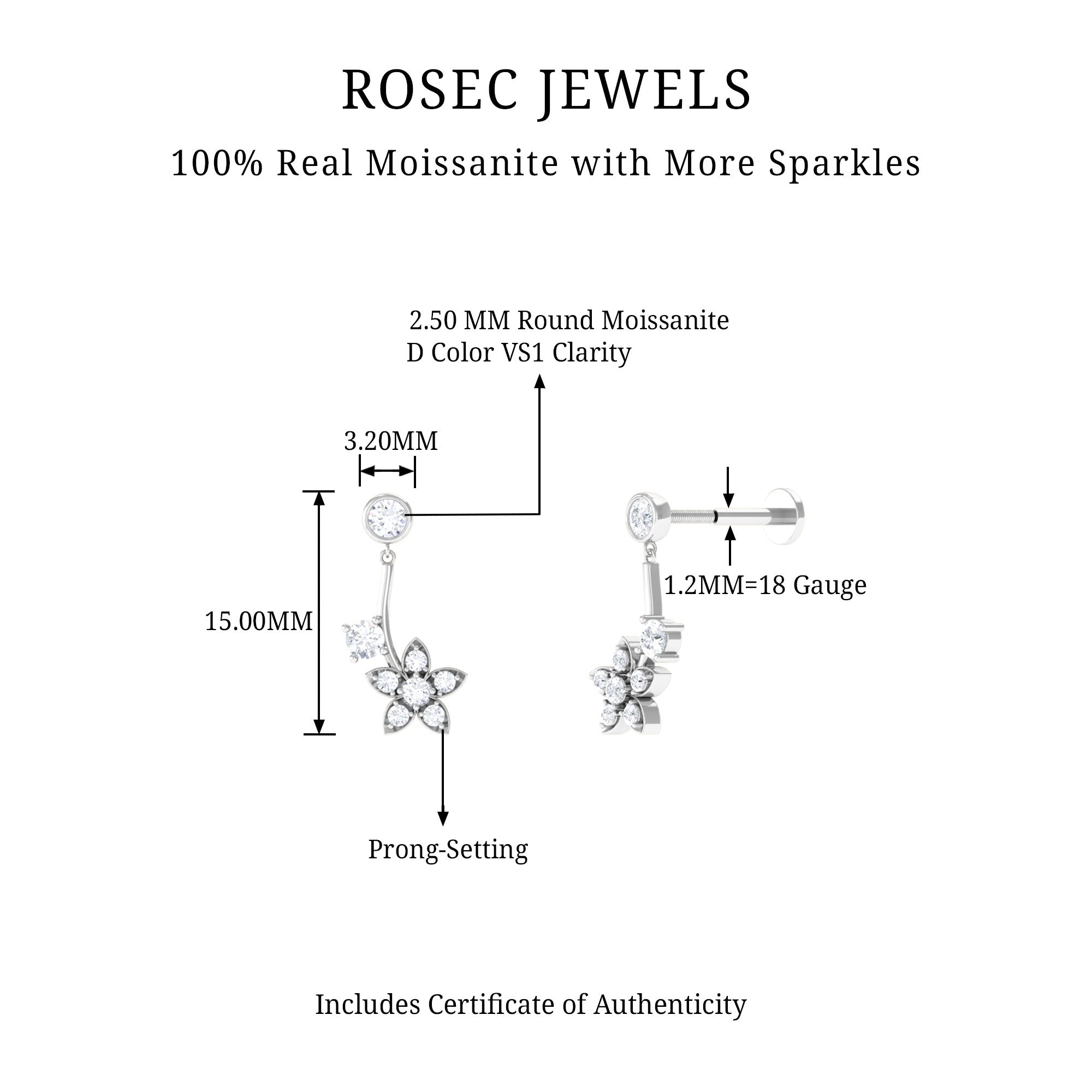 Rosec Jewels-Round Moissanite Flower Drop Cartilage Earring