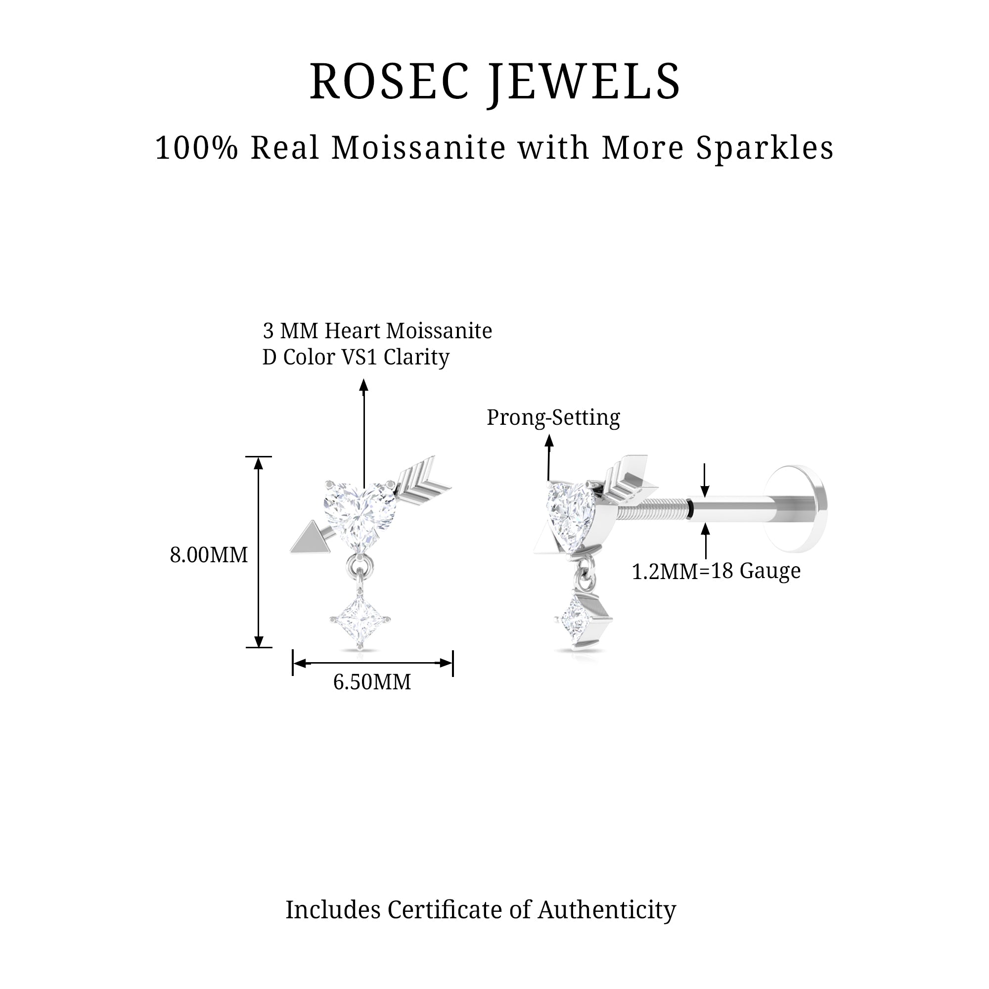 Rosec Jewels-Heart and Arrow Moissanite Earring for Cartilage Piercing