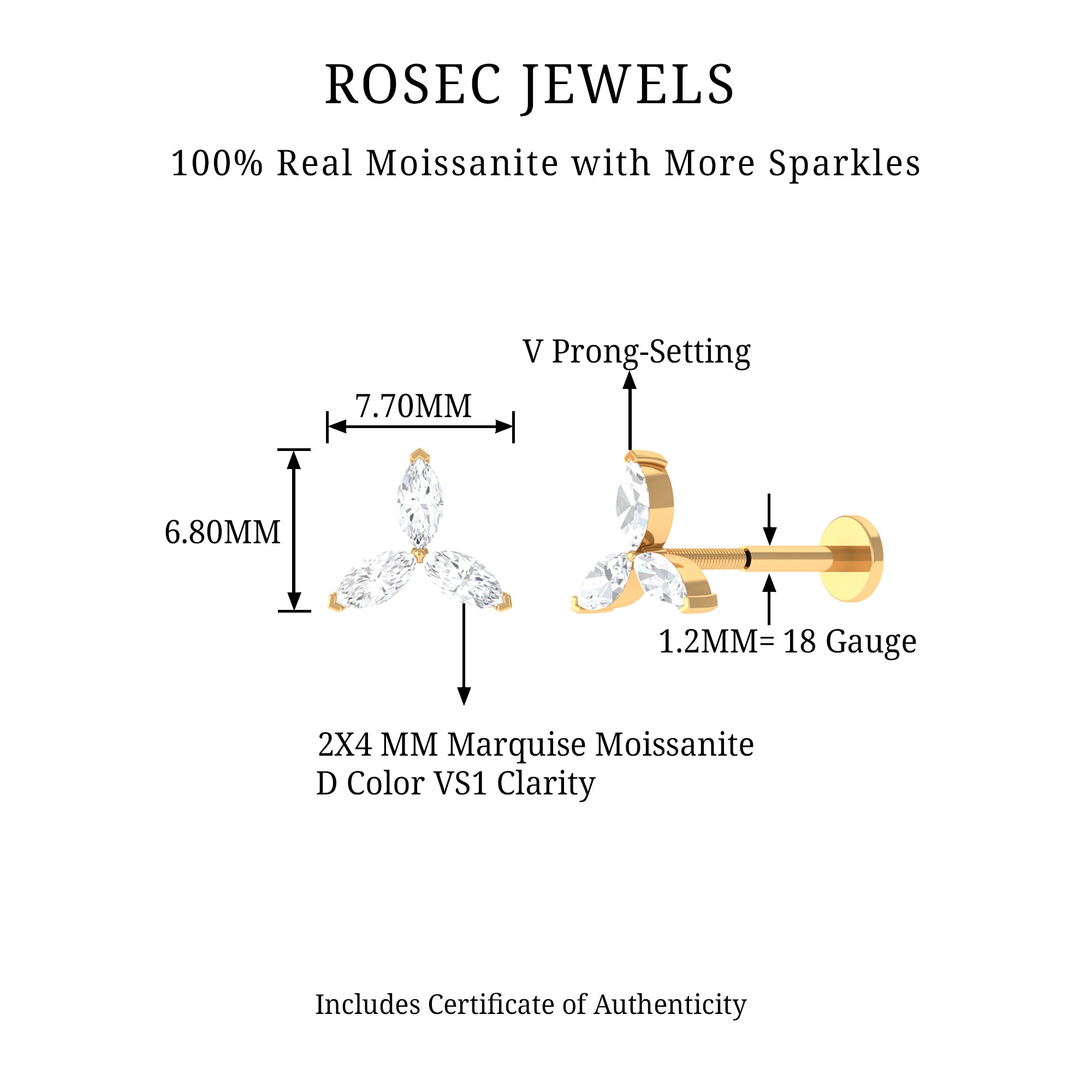 Rosec Jewels-Marquise Cut Moissanite Flower Earring for Cartilage Piercing