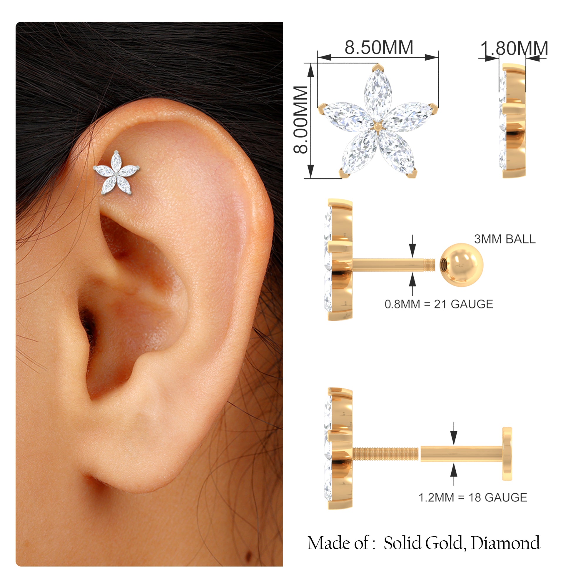 Marquise Moissanite Floral Earring for Cartilage Piercing Moissanite - ( D-VS1 ) - Color and Clarity - Rosec Jewels