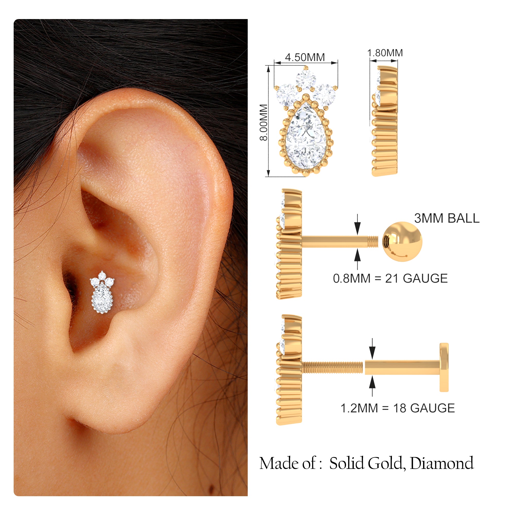 Rosec Jewels-Minimalist Moissanite Teardrop Earring for Helix Piercing