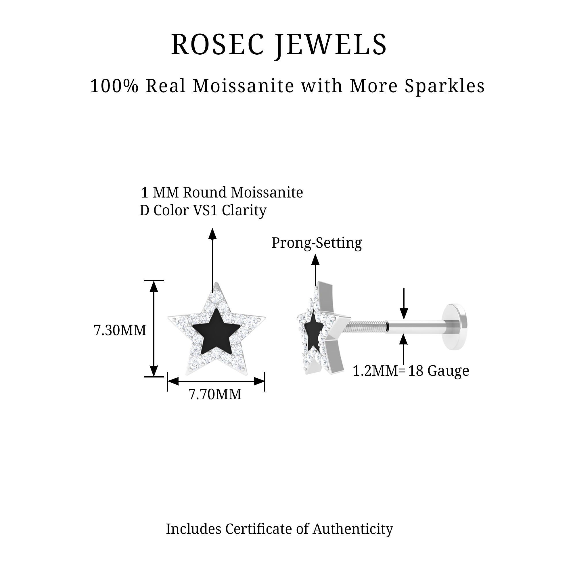 Rosec Jewels-Real Moissanite Star Cartilage Earring with Black Enamel