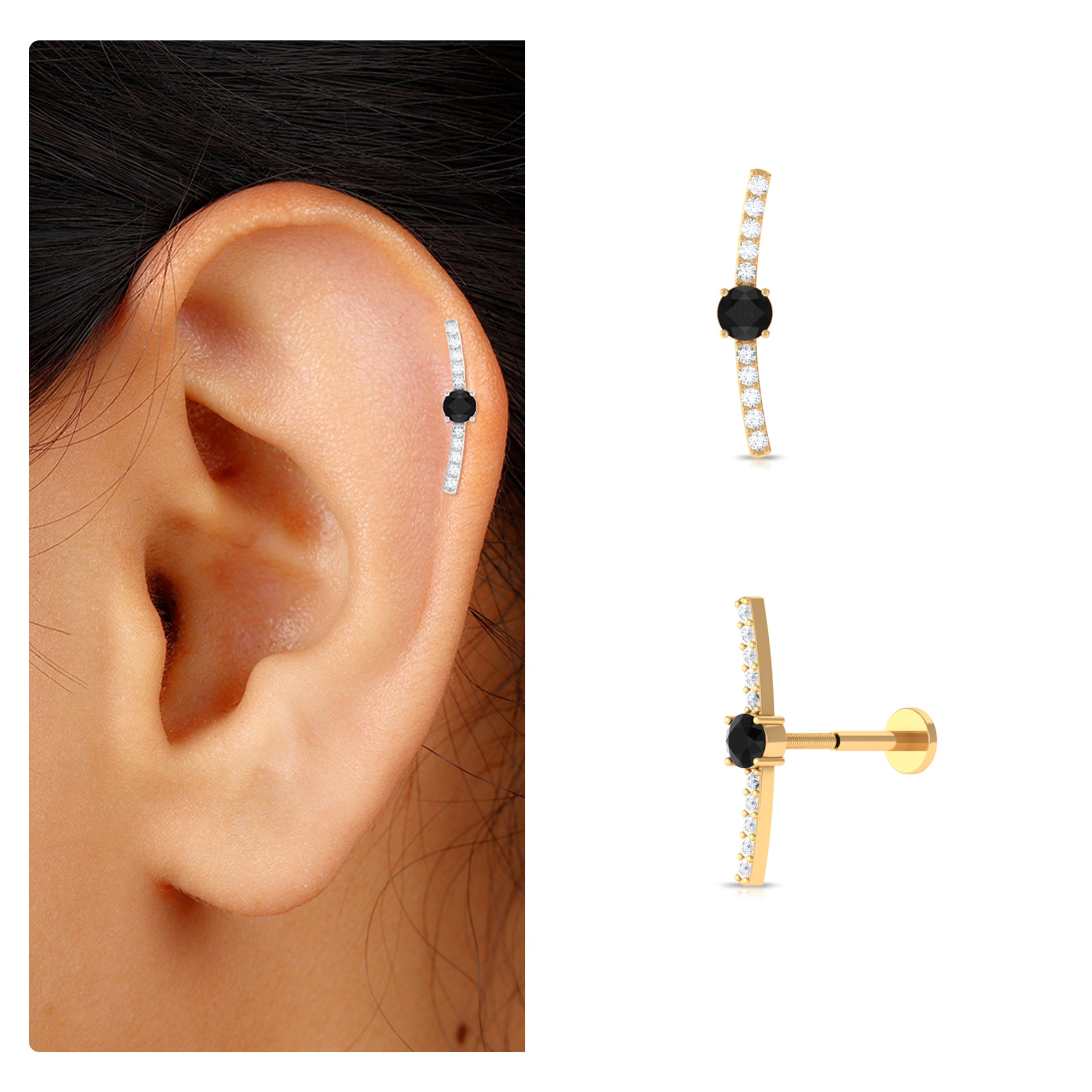 Rosec Jewels-Black Onyx and Moissanite Curved Cartilage Earring in Gold