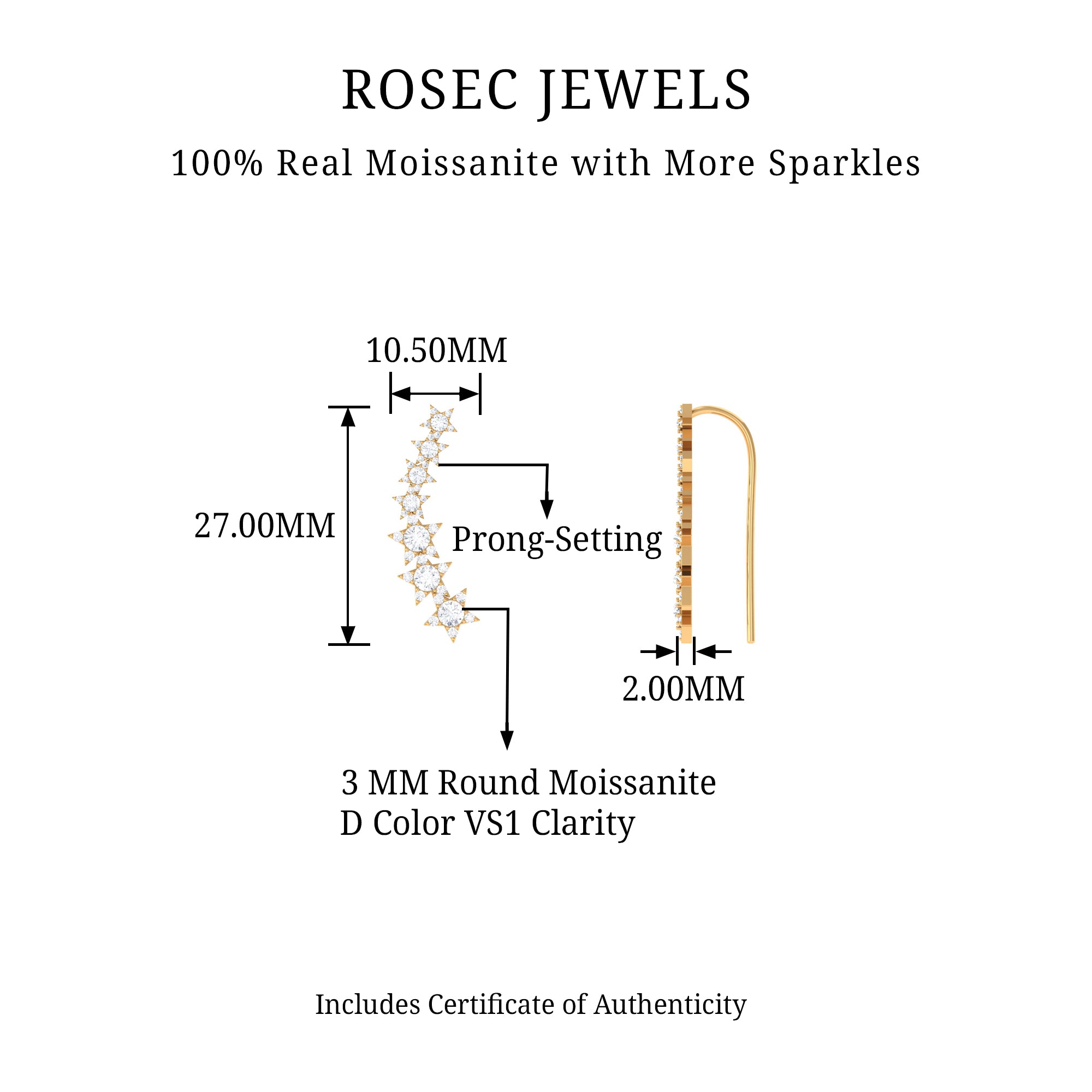 Rosec Jewels-Moissanite Star Climber Earring for Cartilage Piercing