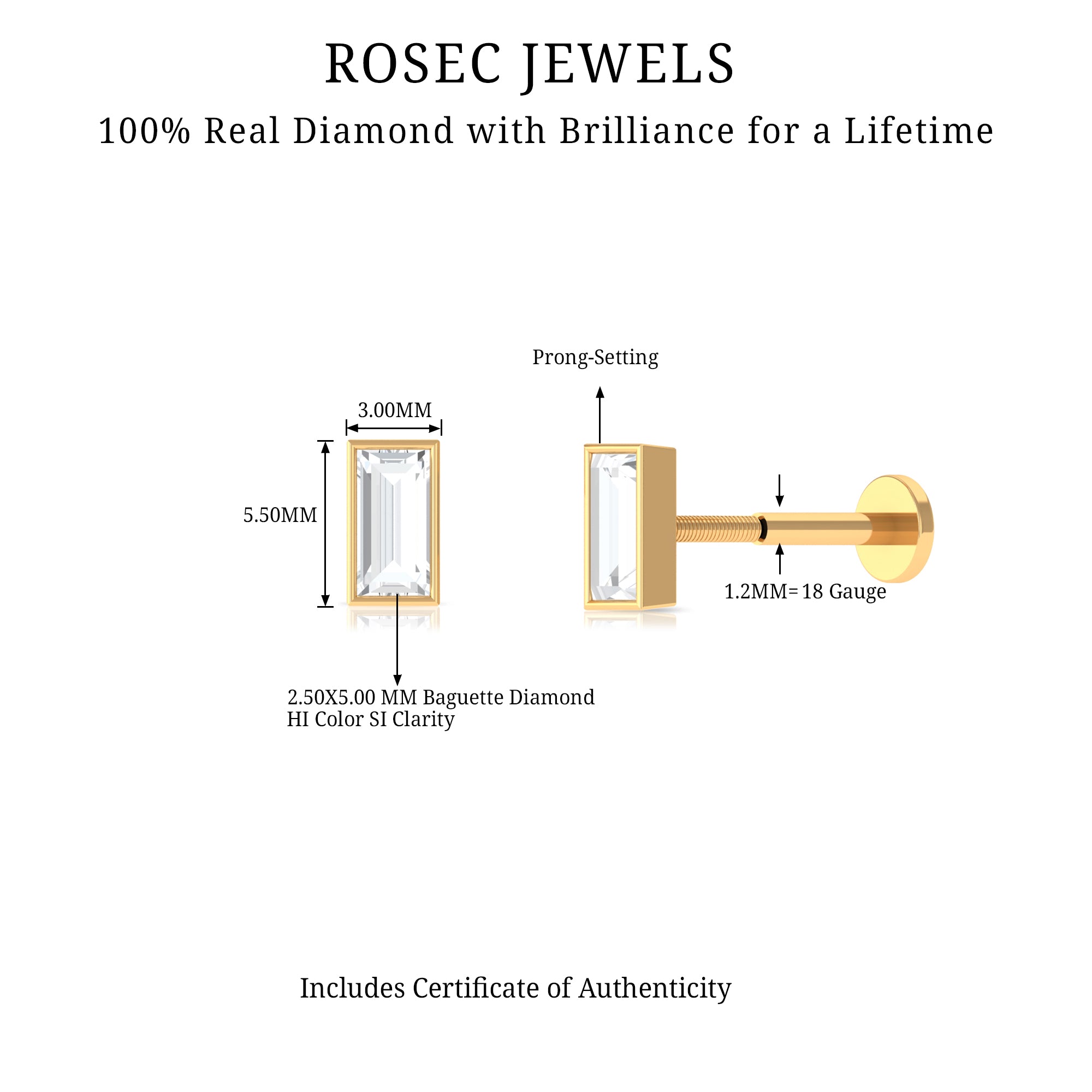 Rosec Jewels-Baguette Diamond Tragus Earring in Bezel Setting