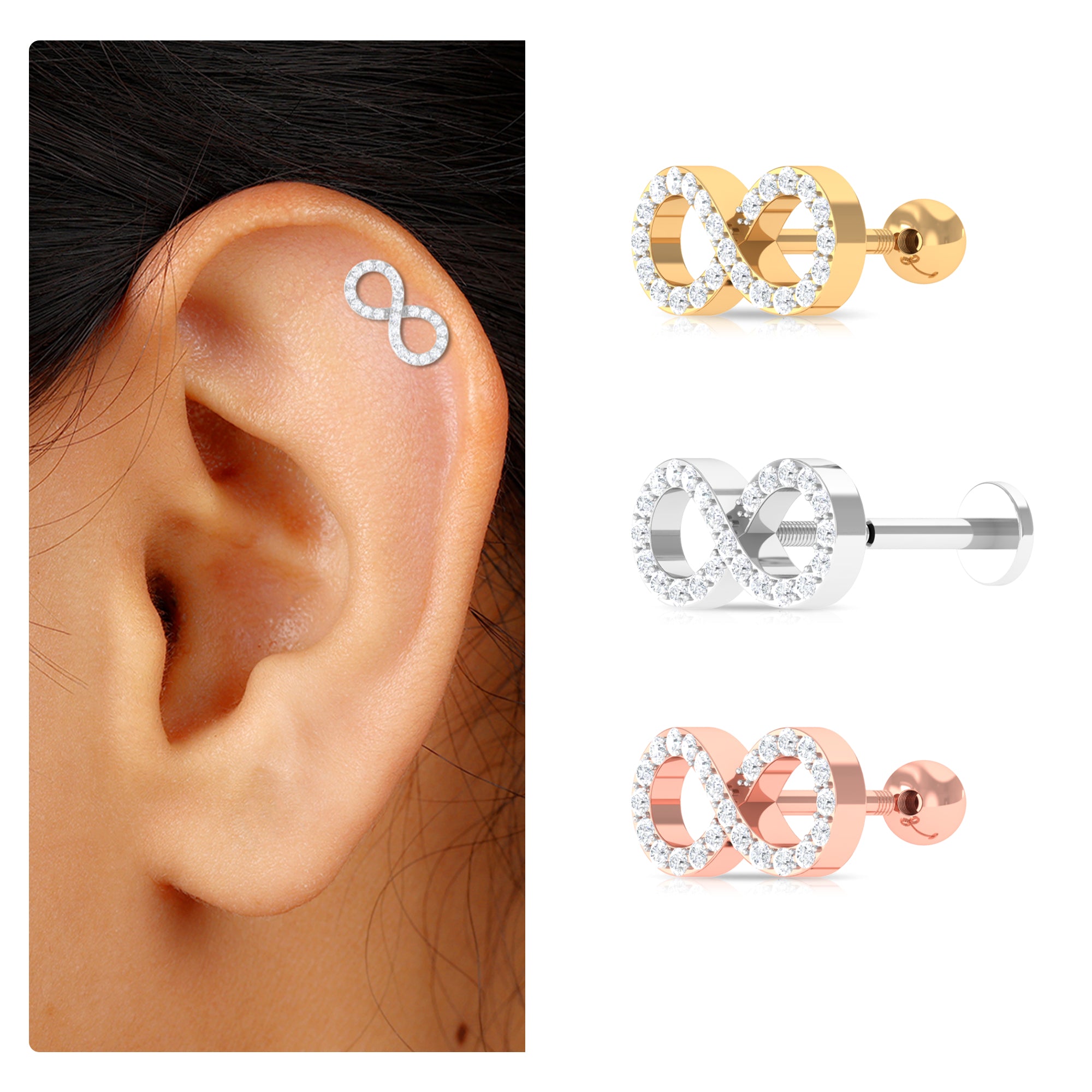 Moissanite Gold Infinity Cartilage Earring Moissanite - ( D-VS1 ) - Color and Clarity - Rosec Jewels
