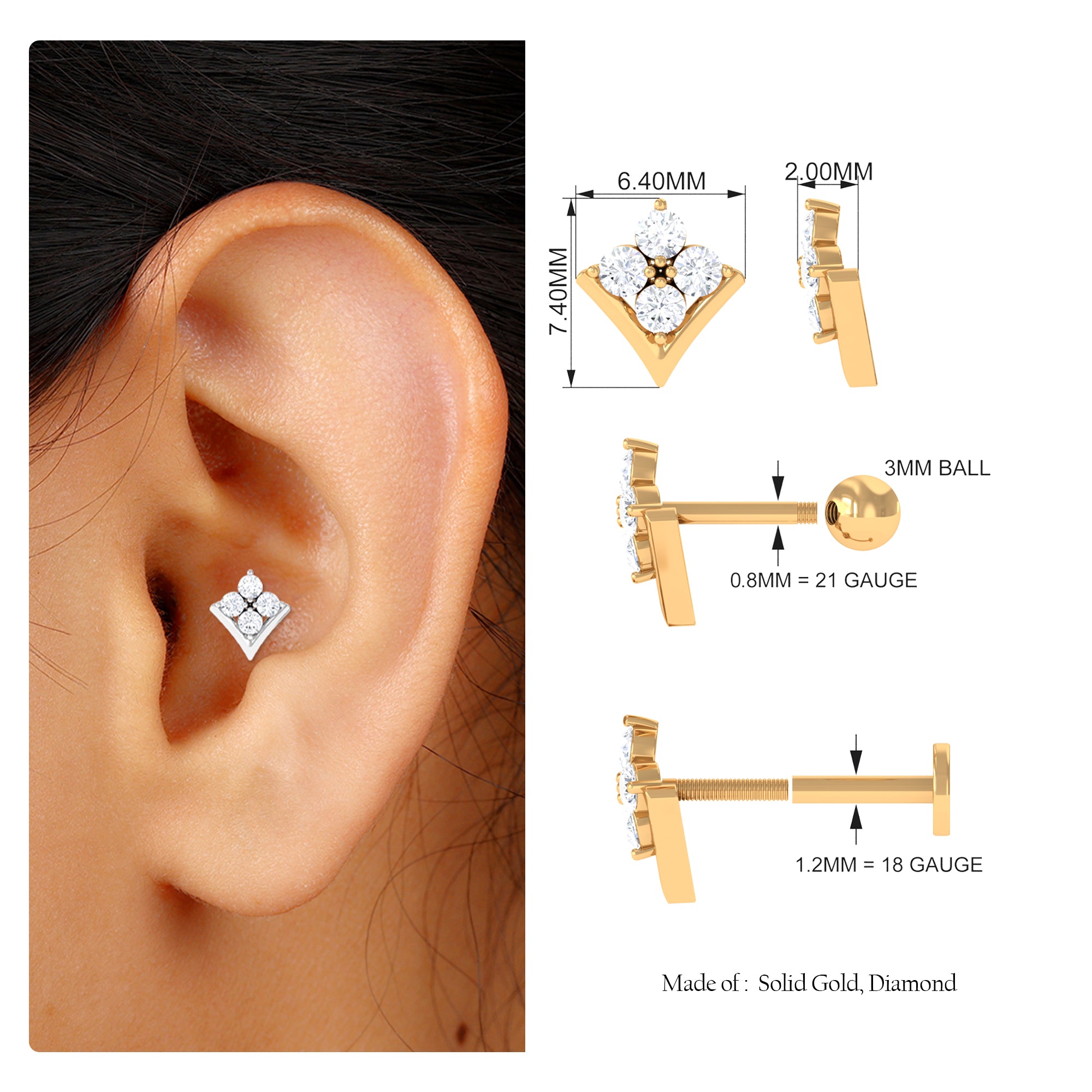 Moissanite Floral Cartilage Earring in Gold Moissanite - ( D-VS1 ) - Color and Clarity - Rosec Jewels