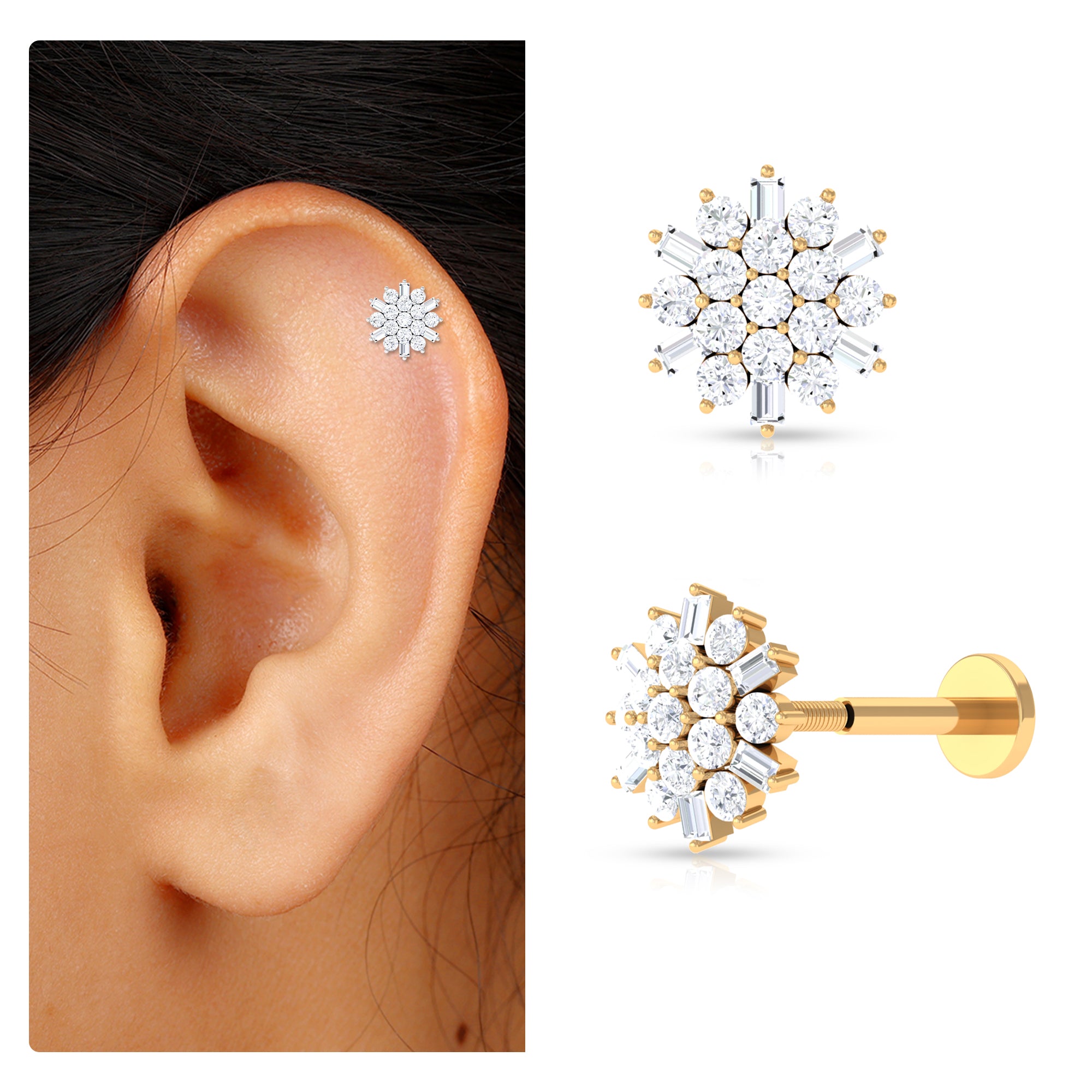 Rosec Jewels-Baguette Moissanite Flower Cluster Earring for Cartilage Piercing