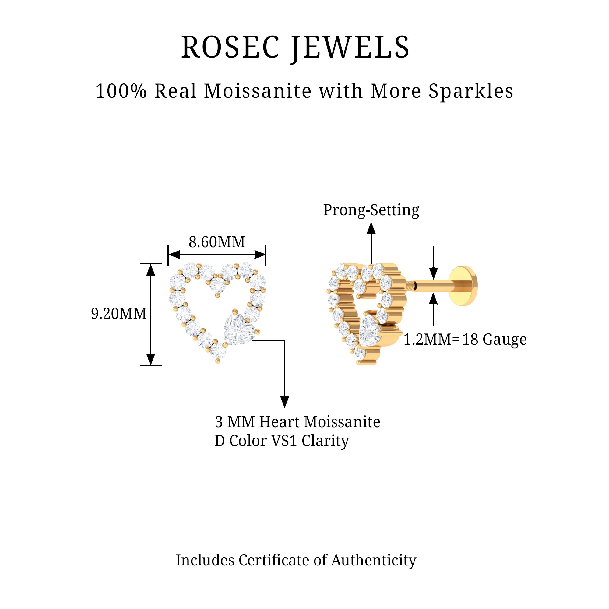 Rosec Jewels-Certified Moissanite Gold Heart Cartilage Earring