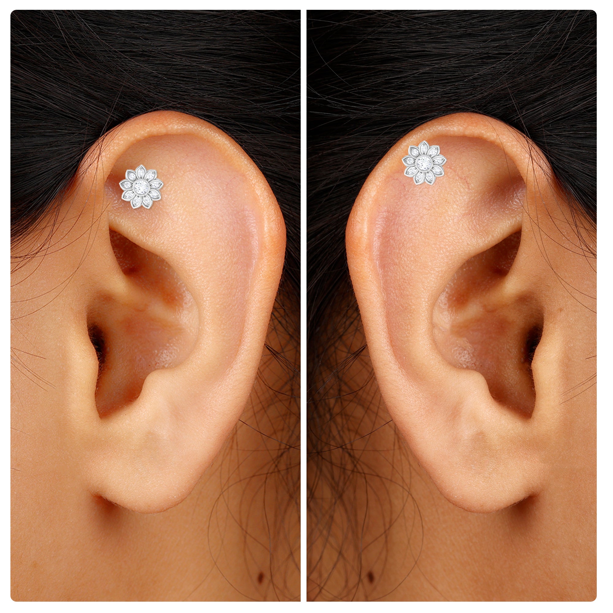 Moissanite Flower Cartilage Earring in Gold Moissanite - ( D-VS1 ) - Color and Clarity - Rosec Jewels