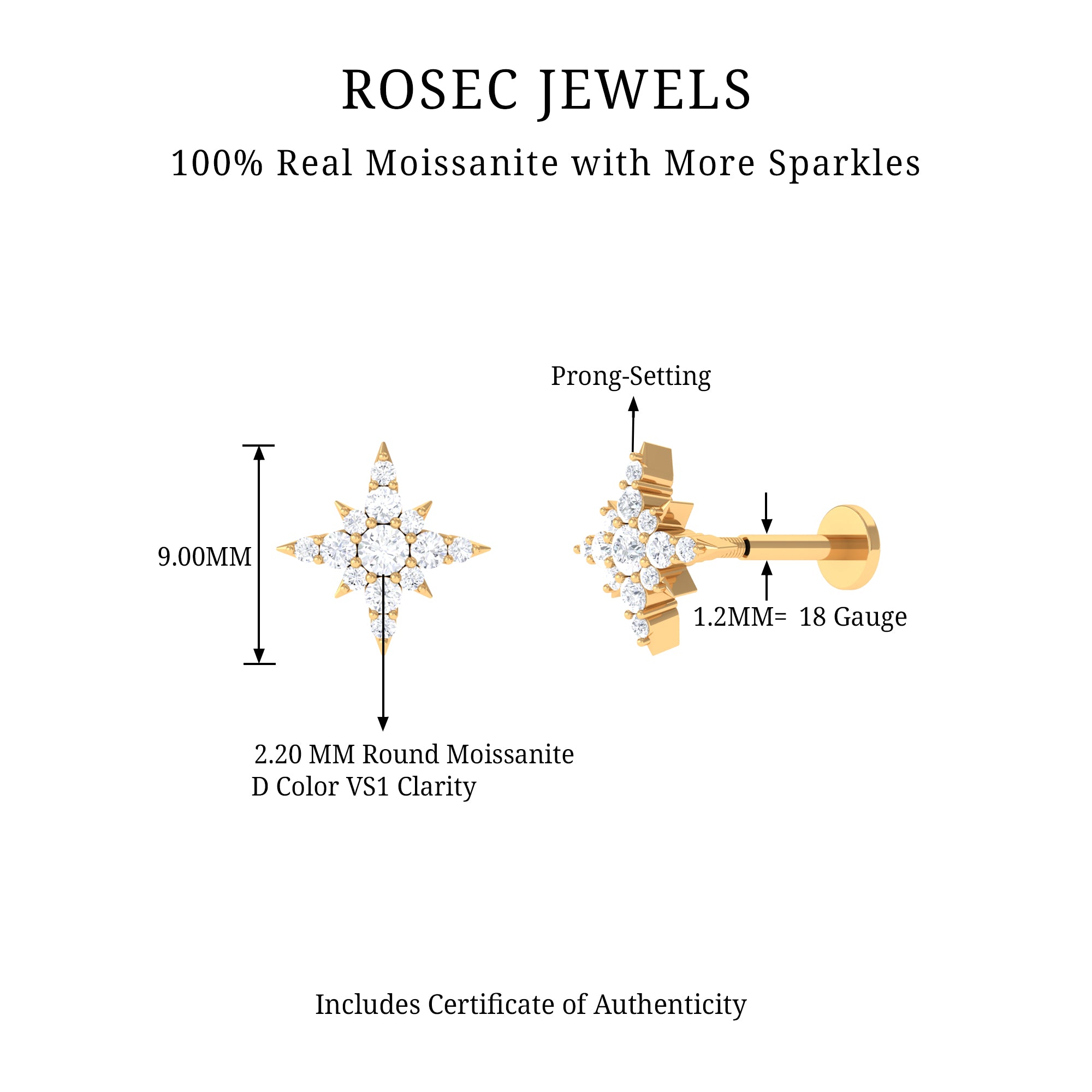 Rosec Jewels-Moissanite Starburst Cartilage Earring in Gold