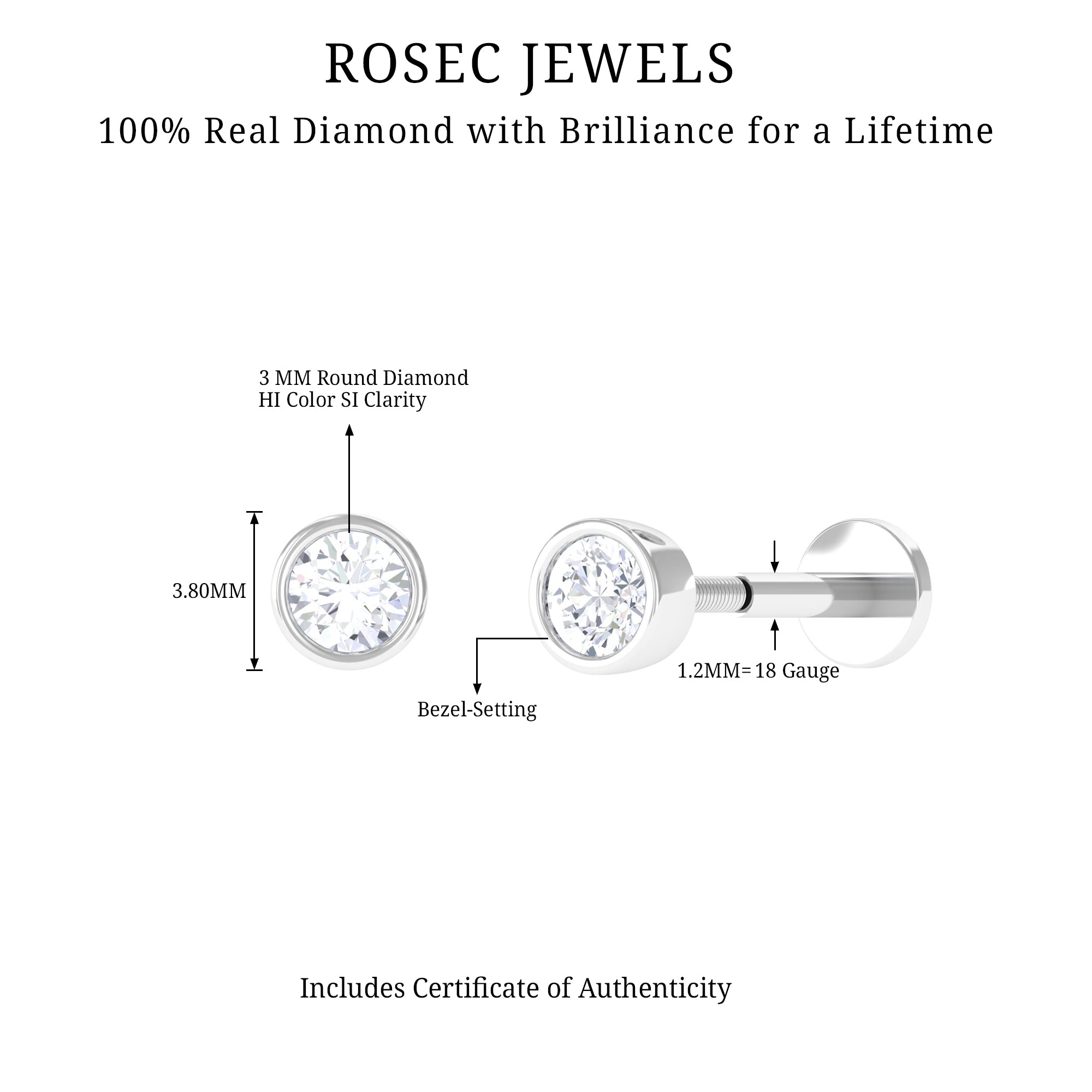 Dainty Round Diamond Cartilage Earring in Bezel Setting Diamond - ( HI-SI ) - Color and Clarity - Rosec Jewels