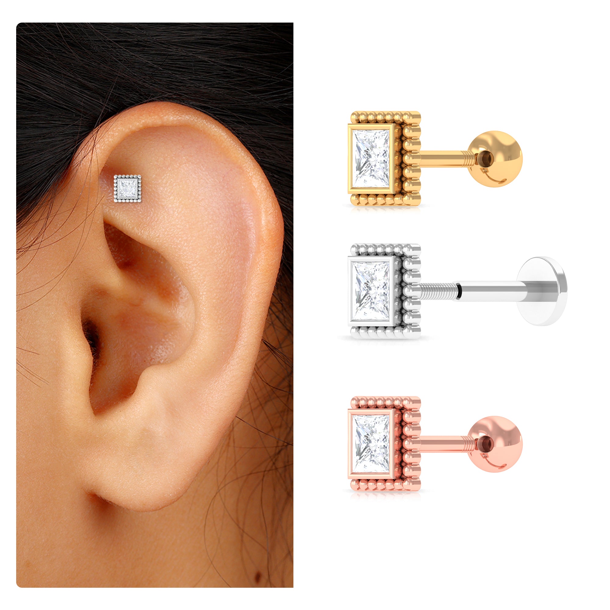 Rosec Jewels-Princess Cut Moissanite Simple Helix Earring in Bezel Setting