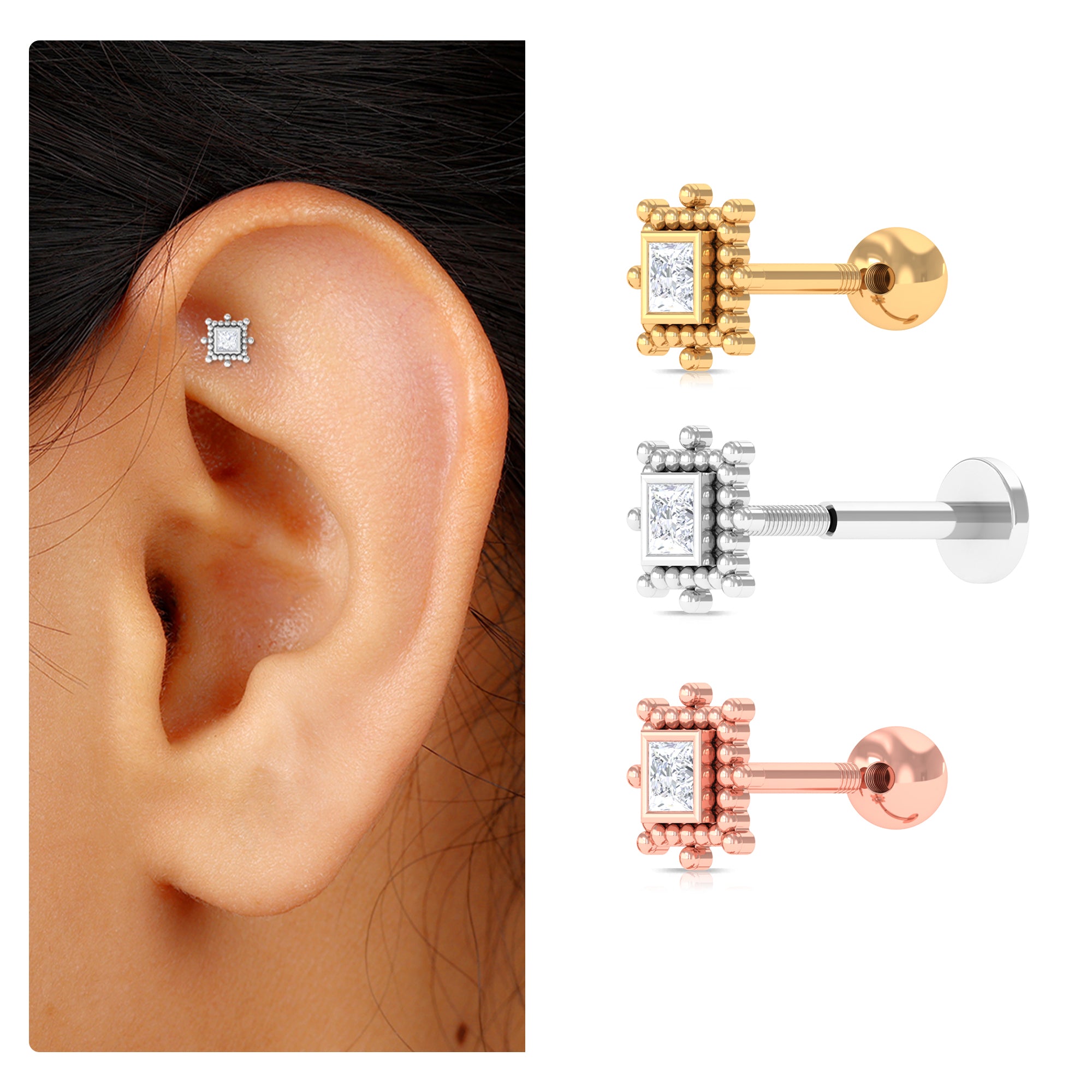 Rosec Jewels-Princess Cut Moissanite Tragus Earring with Gold Beads