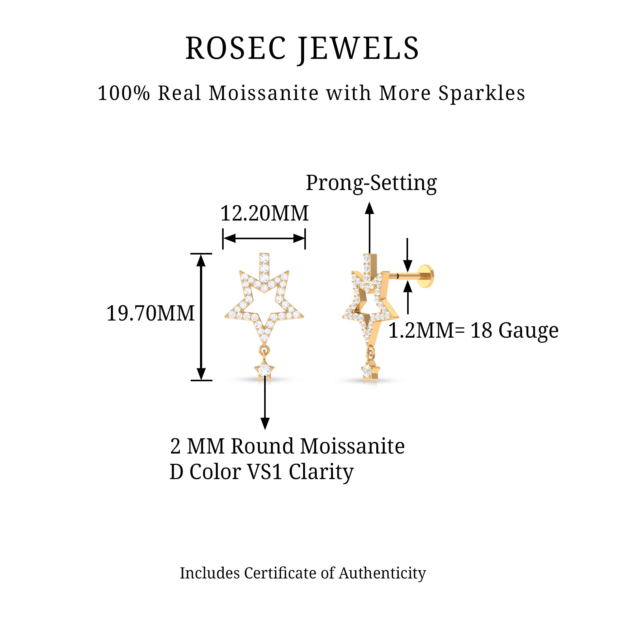 Rosec Jewels-Moissanite Star Dangle Earring for Cartilage Piercing