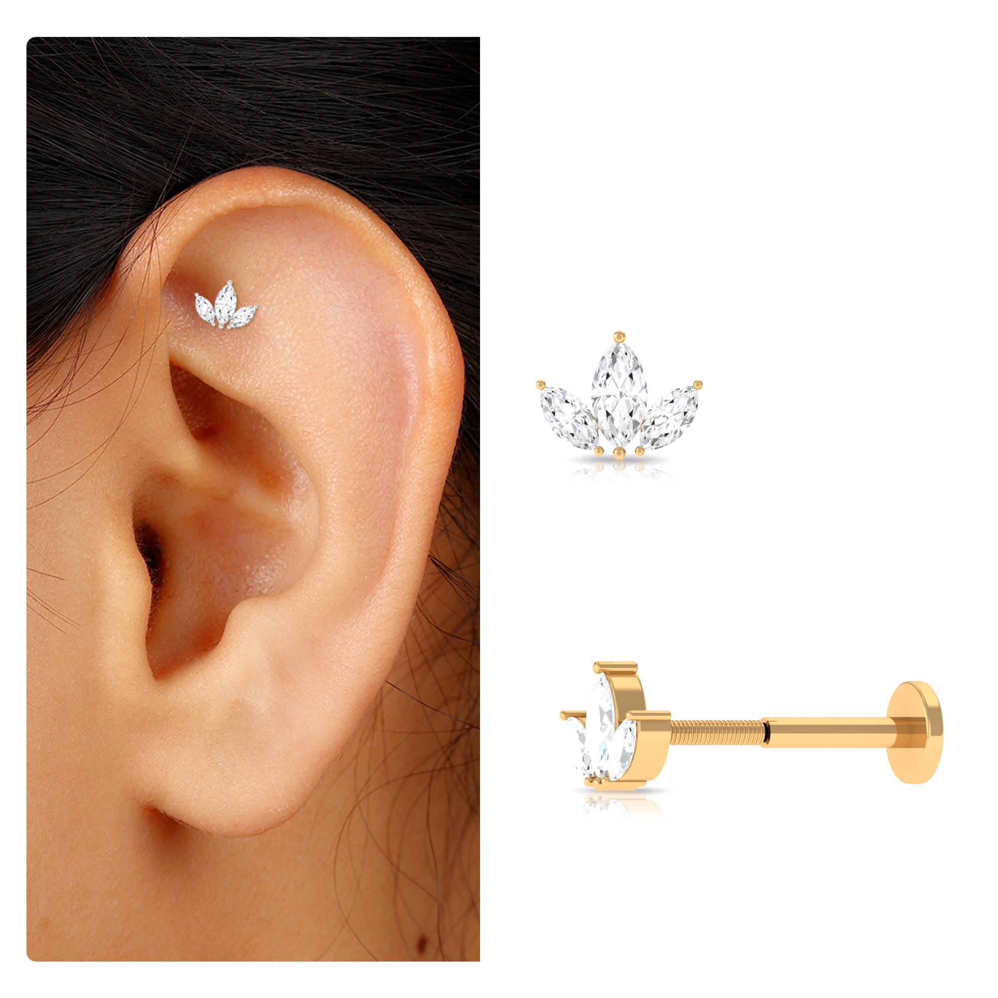 Marquise Cut Diamond Lotus Flower Earring for Helix Piercing Diamond - ( HI-SI ) - Color and Clarity - Rosec Jewels