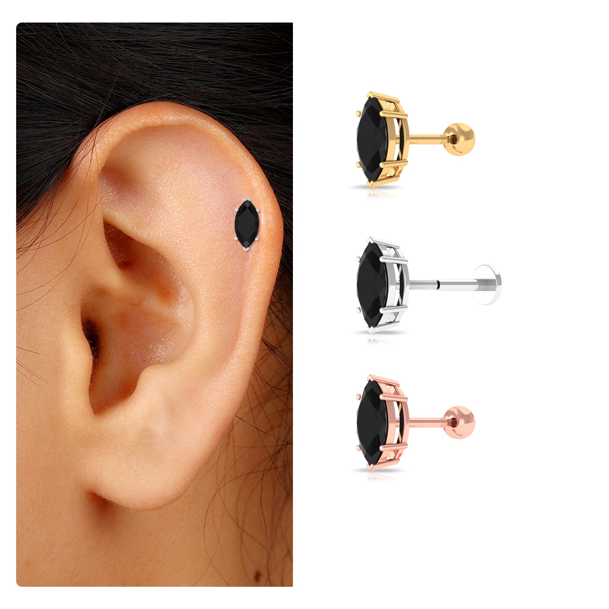 Marquise Black Spinel Simple Solitaire Cartilage Earring Black Spinel - ( AAA ) - Quality - Rosec Jewels
