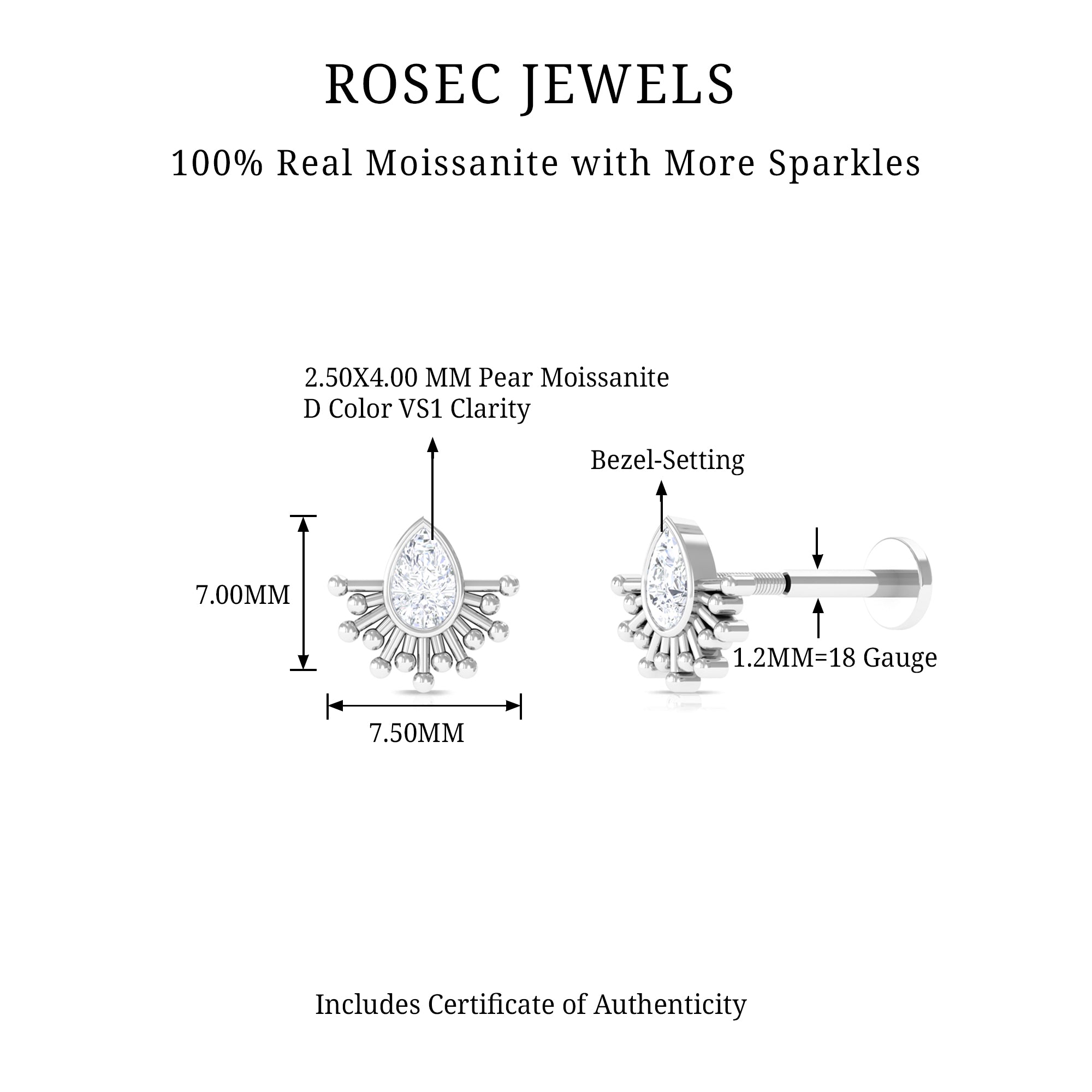 Rosec Jewels-Pear Shape Moissanite Solitaire Gothic Cartilage Earring