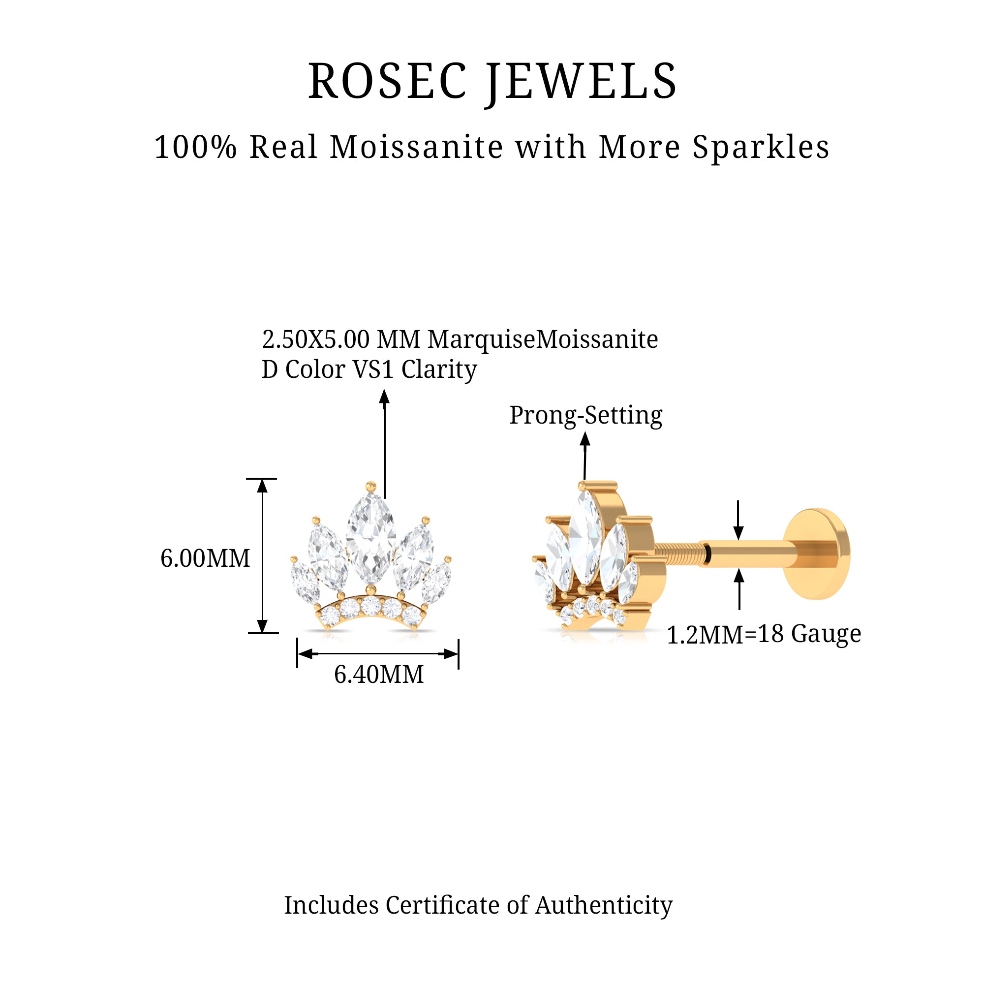 Rosec Jewels-Marquise Moissanite Gold Crown Cartilage Earring