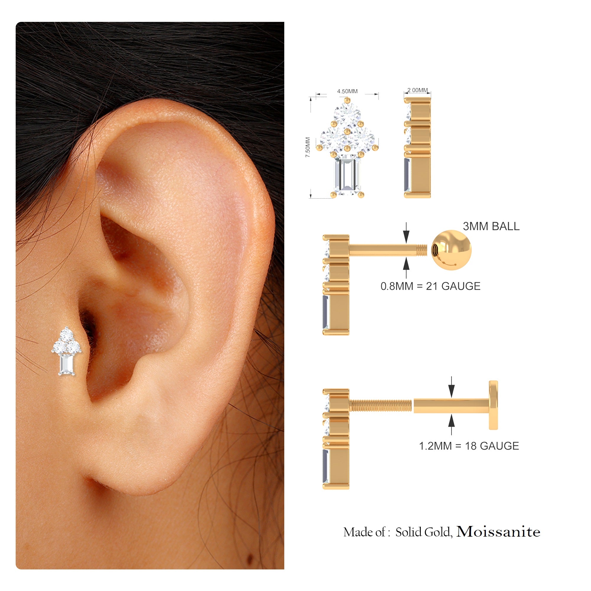 Rosec Jewels-Baguette Moissanite Cluster Earring for Tragus Piercing