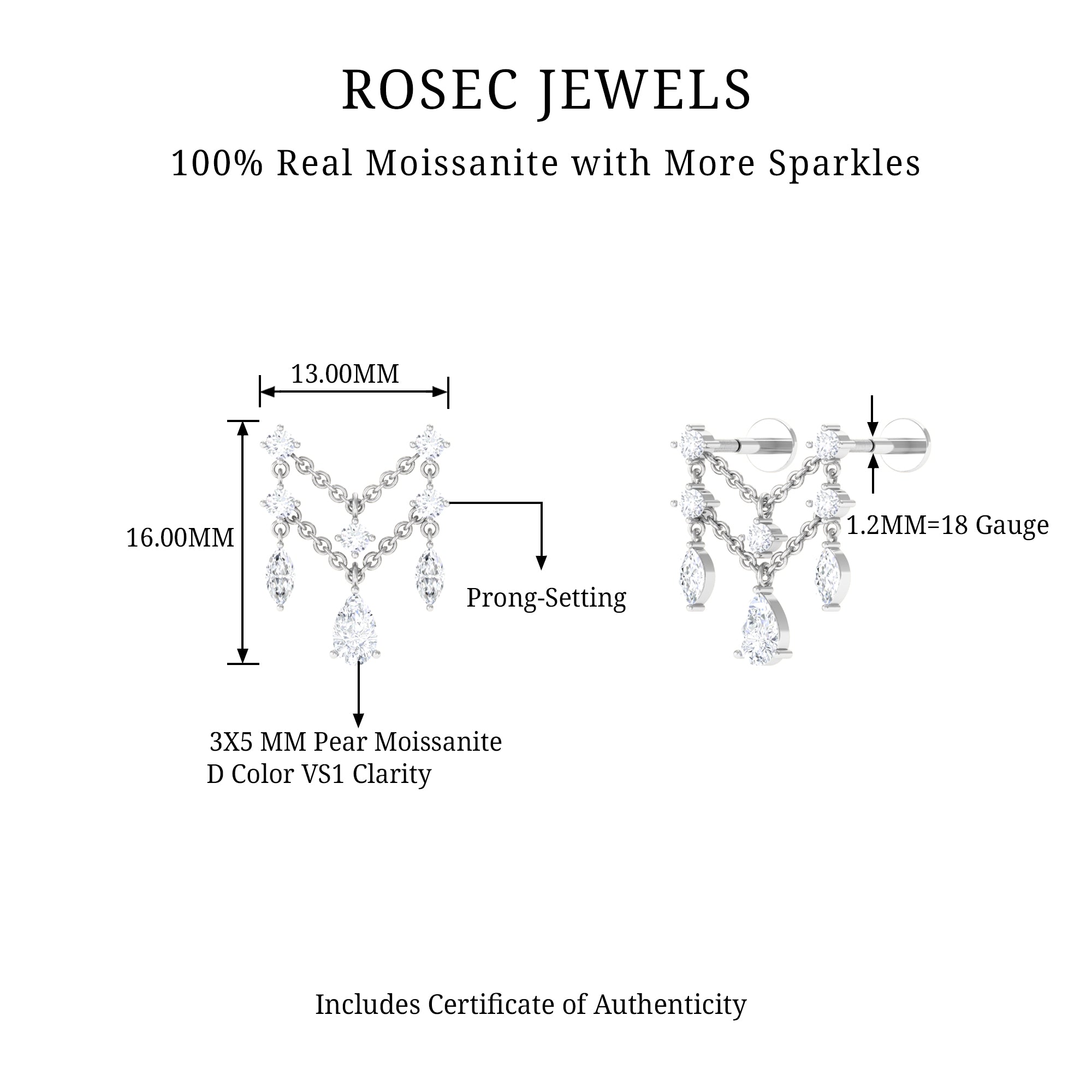 Rosec Jewels-Pear Moissanite Double Chain Earring for Cartilage Piercing