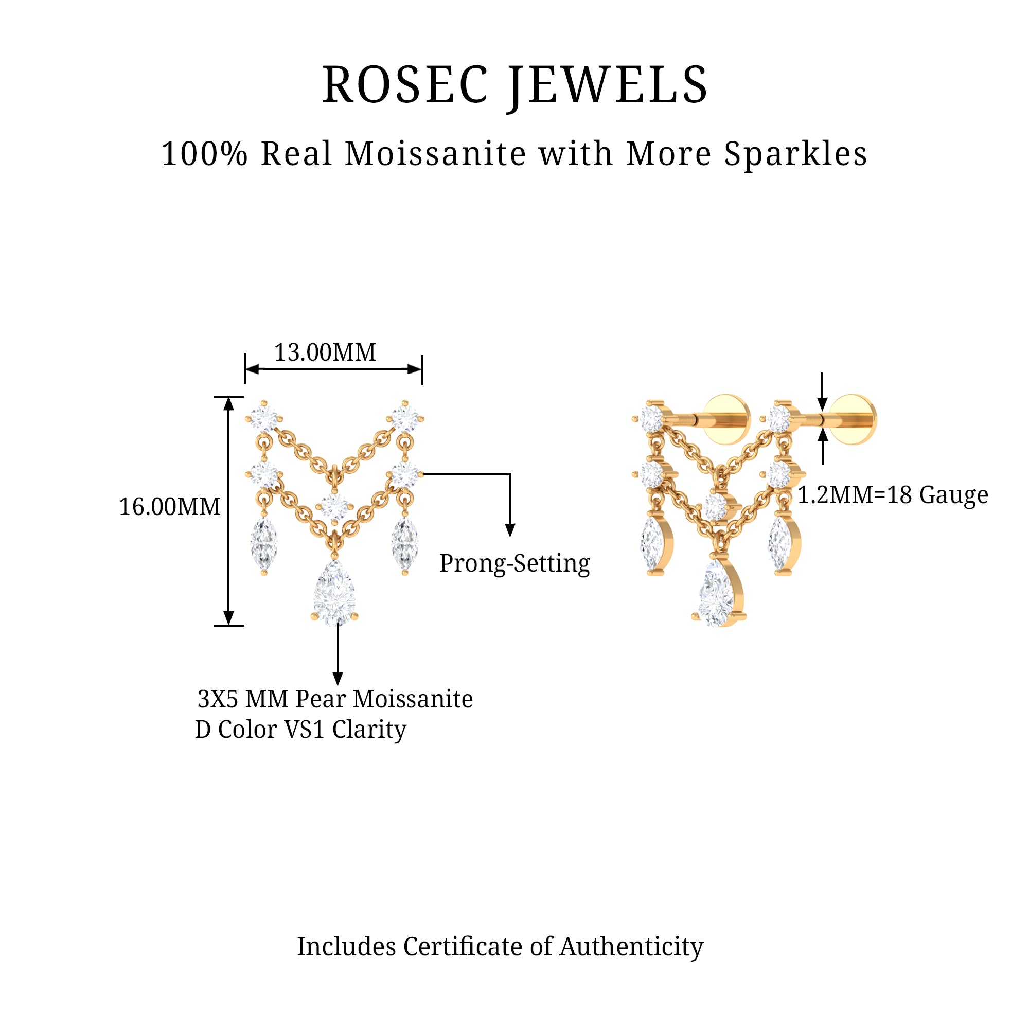 Rosec Jewels-Pear Moissanite Double Chain Earring for Cartilage Piercing