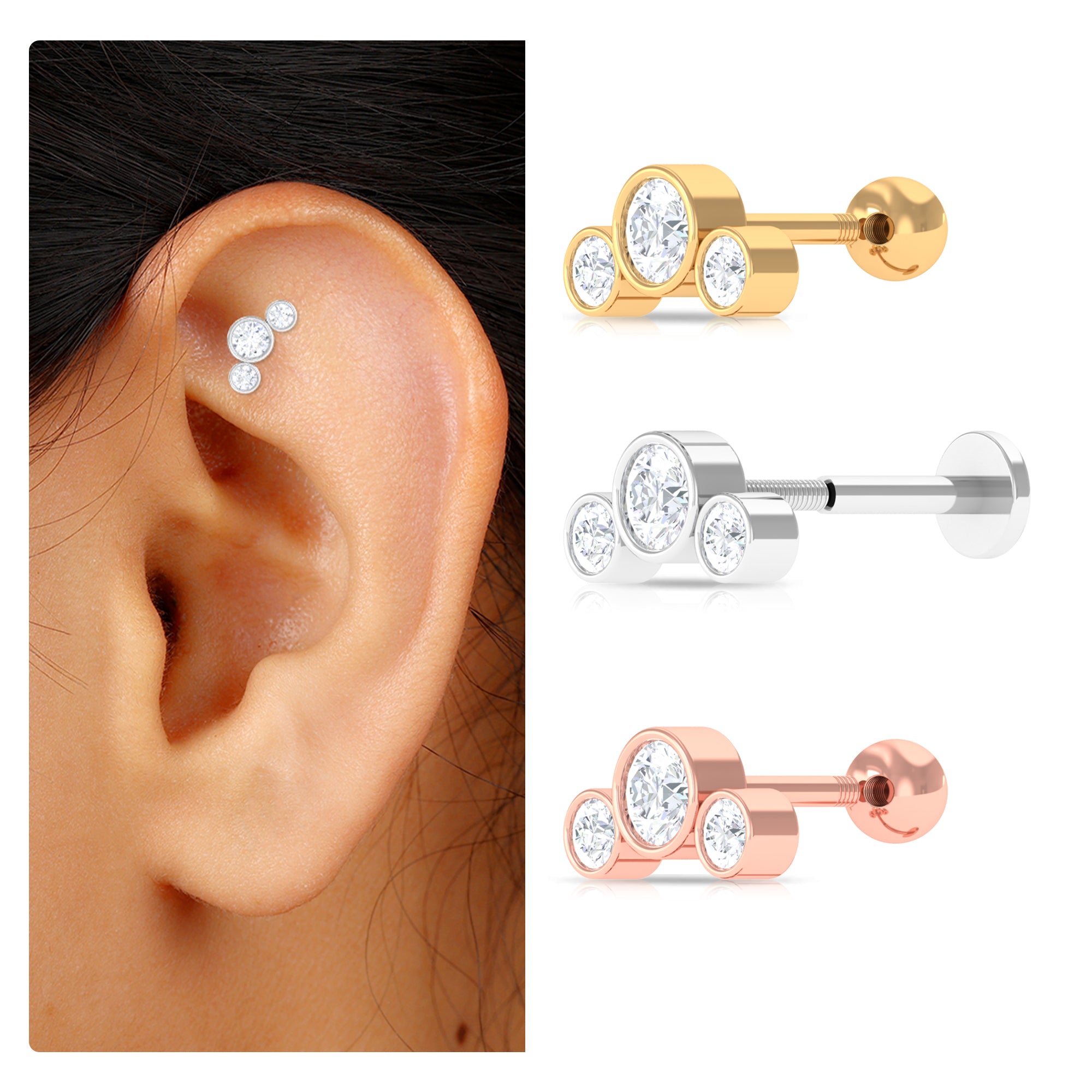 Certified Moissanite Three Stone Crawler Helix Earring Moissanite - ( D-VS1 ) - Color and Clarity - Rosec Jewels