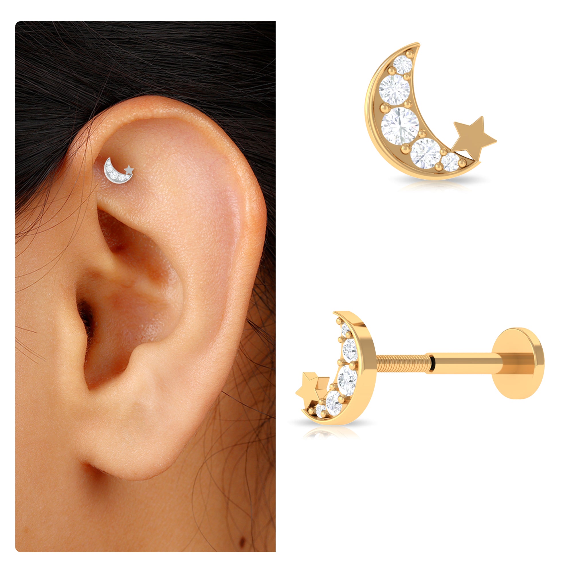 Real Diamond Gold Moon Star Earring for Cartilage Piercing Diamond HI SI Color and Clarity 10K Yellow Gold Select Option