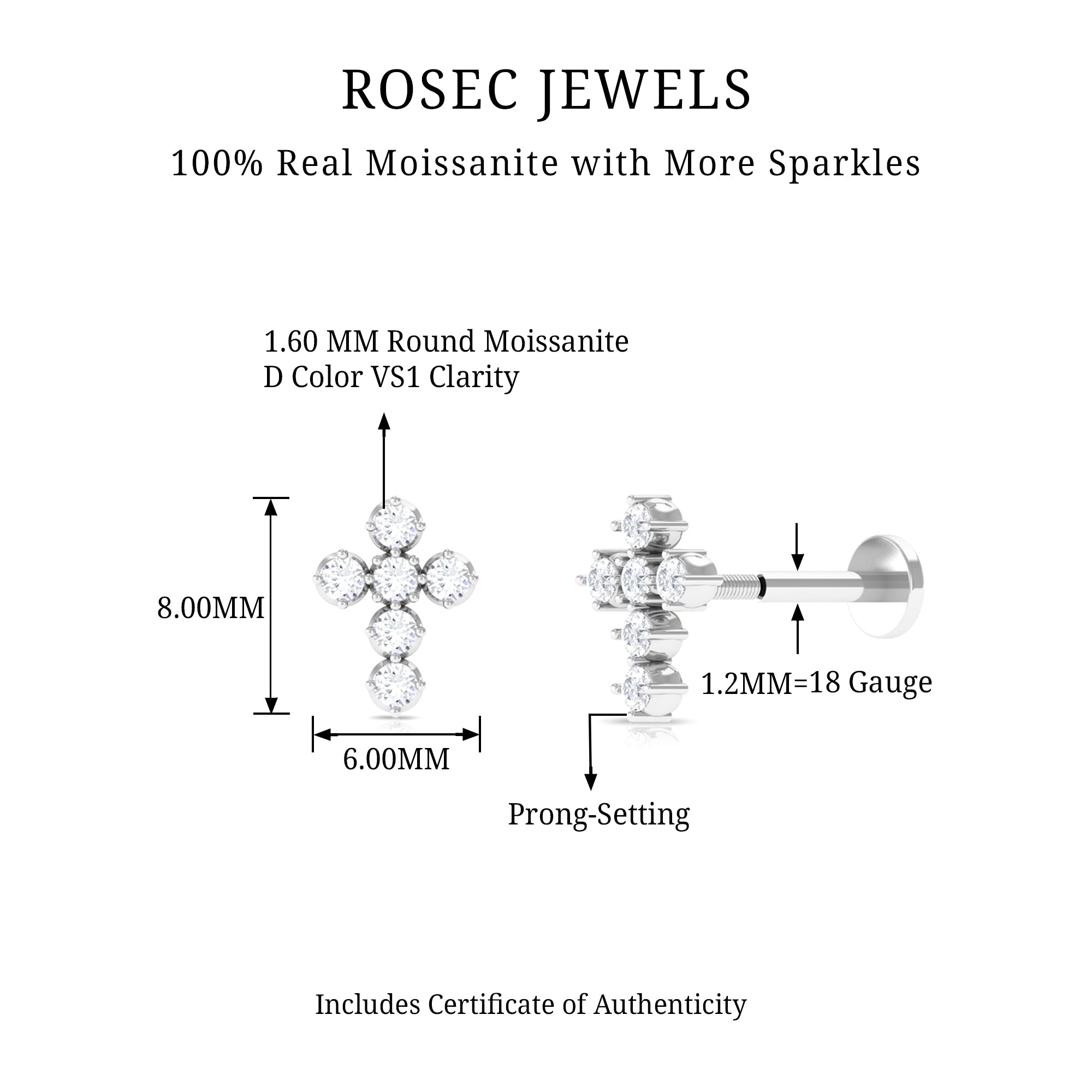 Rosec Jewels-Moissanite Gold Cross Earring for Cartilage Piercing