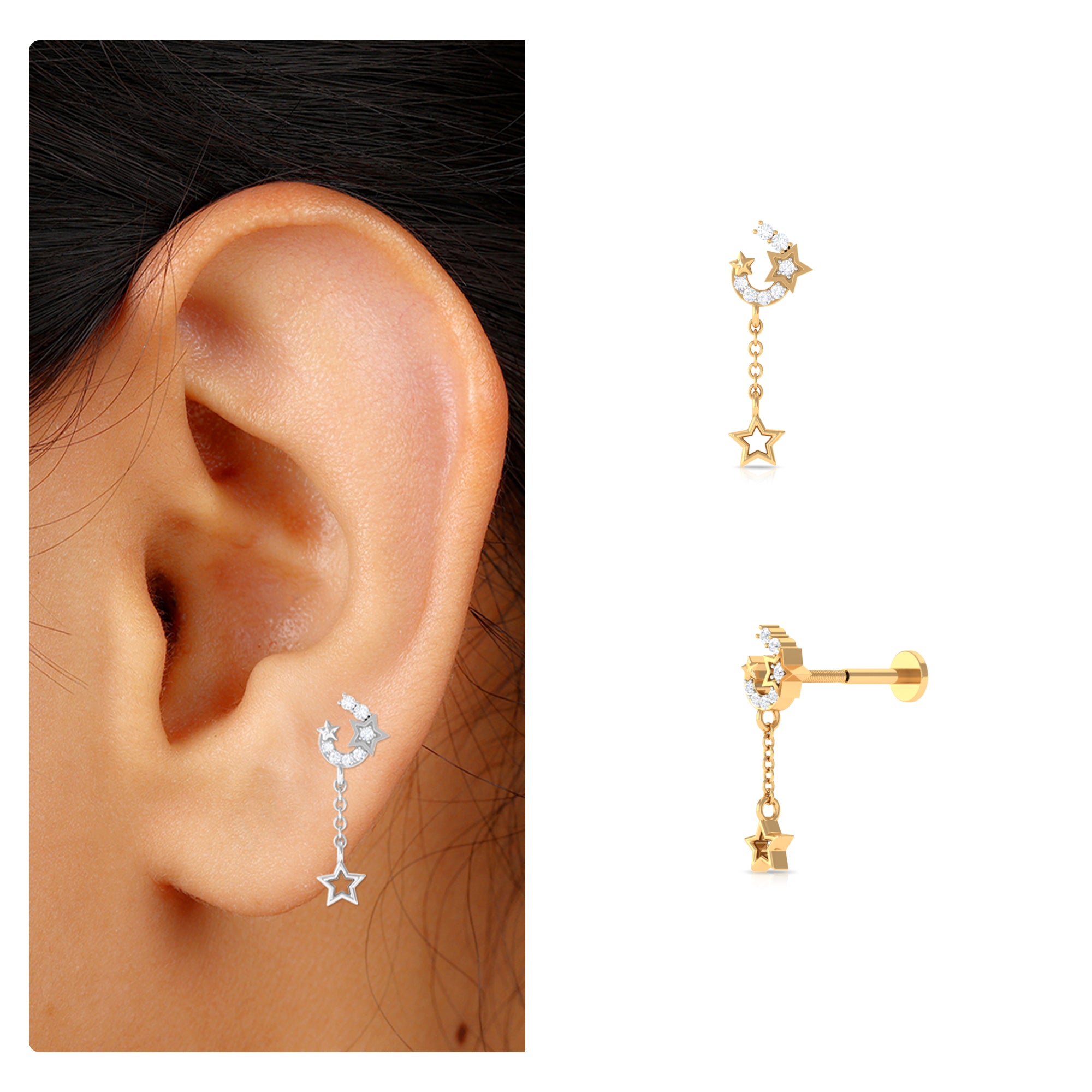 Rosec Jewels-Moissanite Moon and Star Chain Drop Earring for Helix Piercing