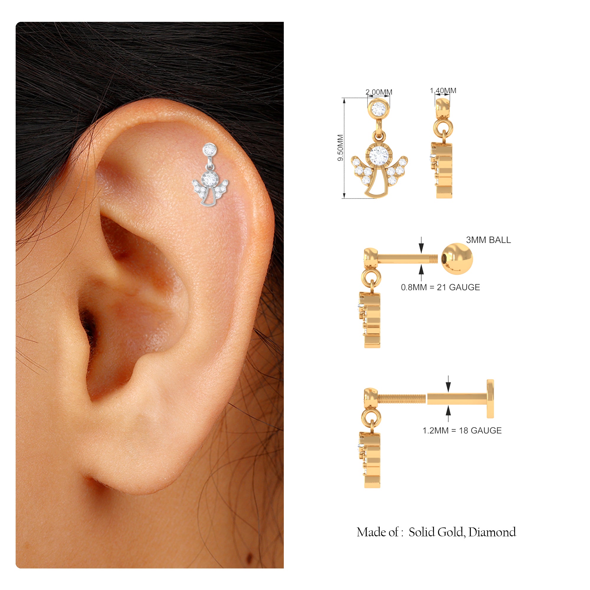 Rosec Jewels-Real Diamond Angel Drop Earring for Helix Piercing