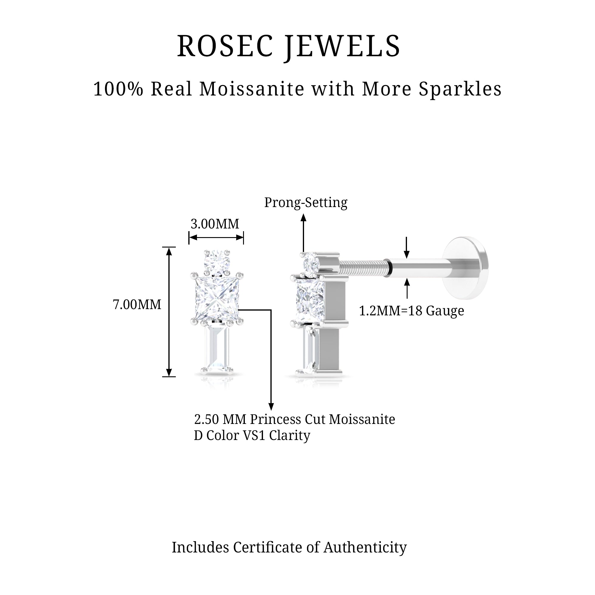 Rosec Jewels-Moissanite Three Stone Cartilage Earring in Gold